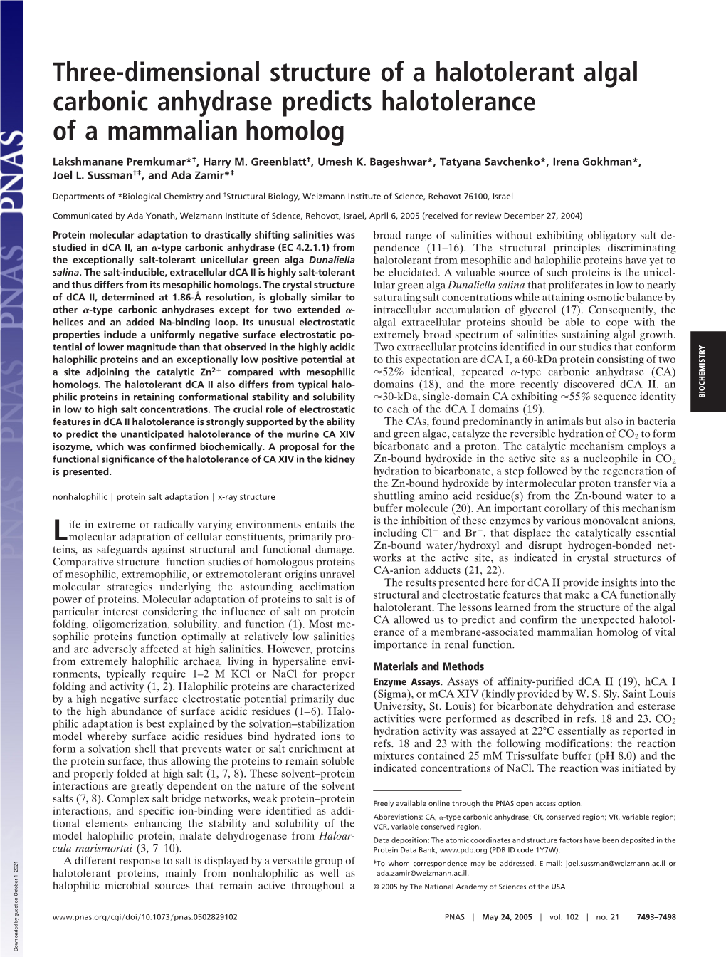 Three-Dimensional Structure of a Halotolerant Algal Carbonic Anhydrase Predicts Halotolerance of a Mammalian Homolog