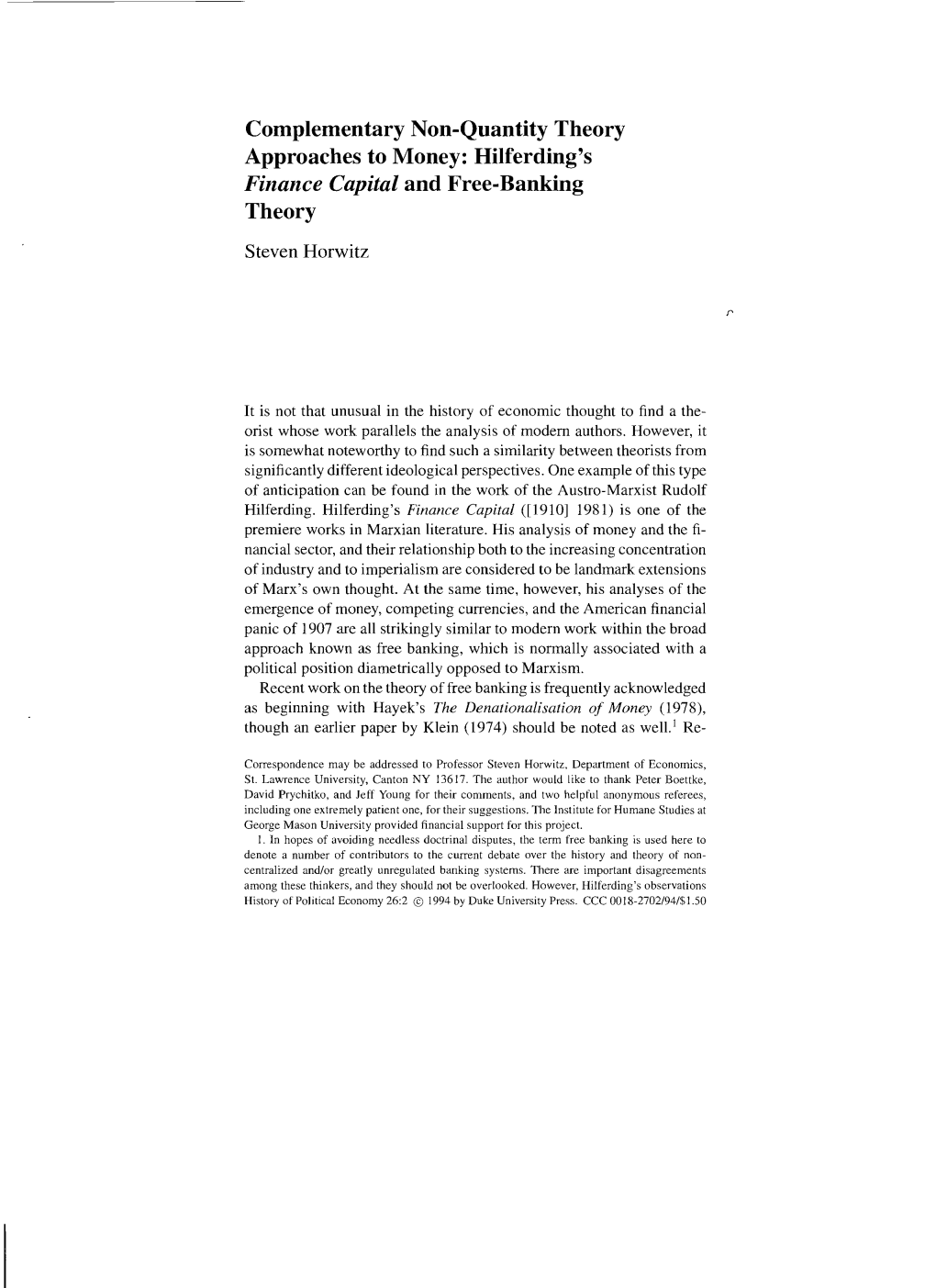 Hilferding's Finance Capital and Free-Banking Theory Steven Horwitz