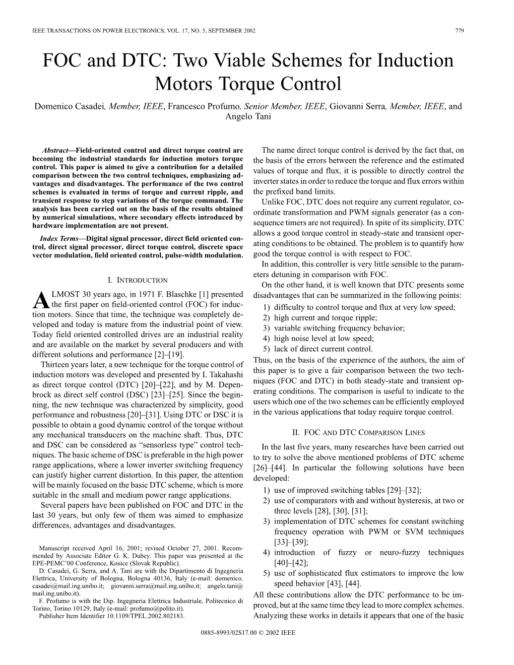 FOC and DTC: Two Viable Schemes for Induction Motors Torque Control