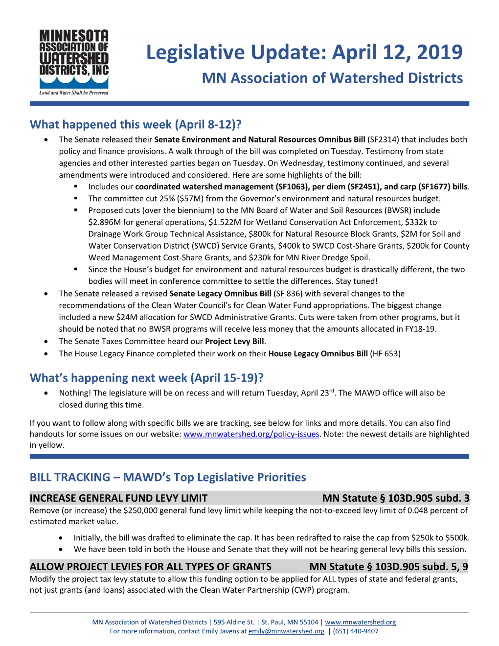 Legislative Update: April 12, 2019 MN Association of Watershed Districts