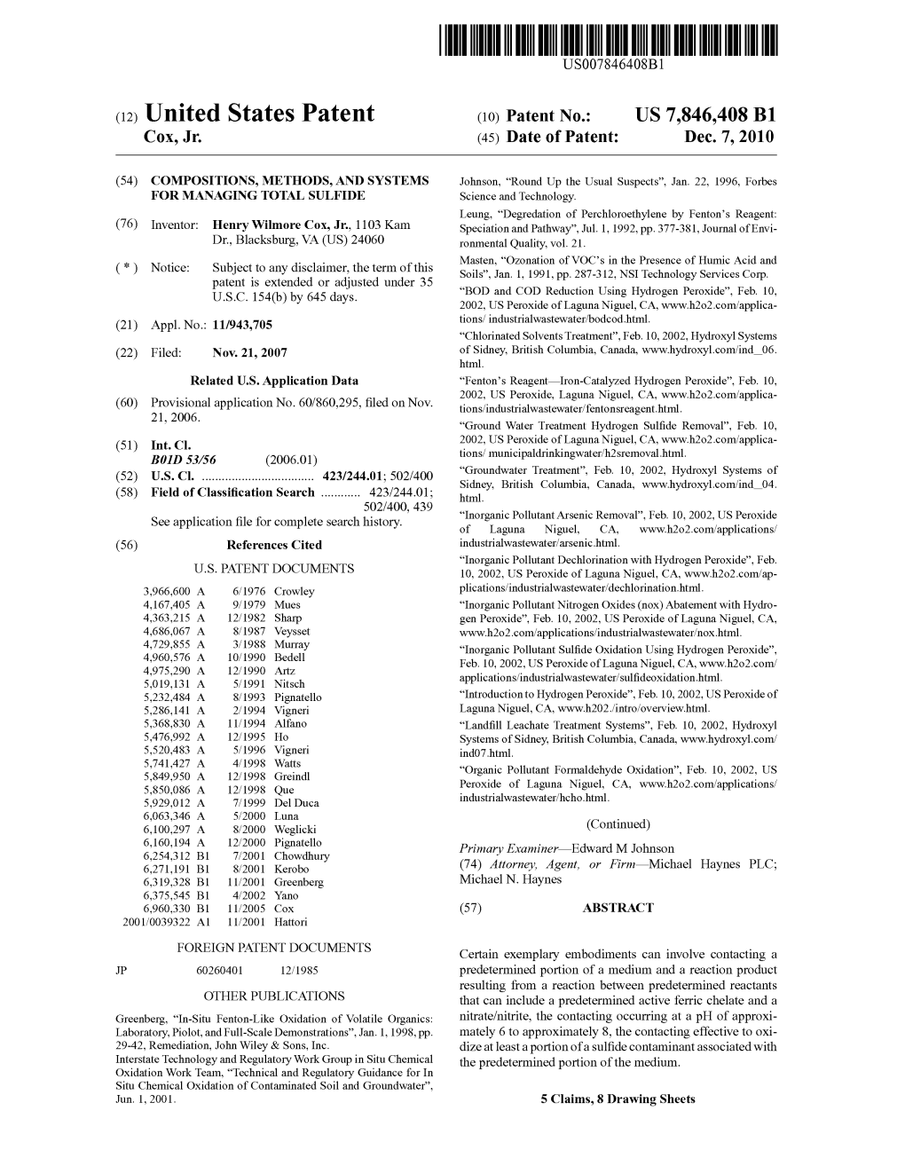 (12) United States Patent (10) Patent No.: US 7,846,408 B1 Cox, Jr