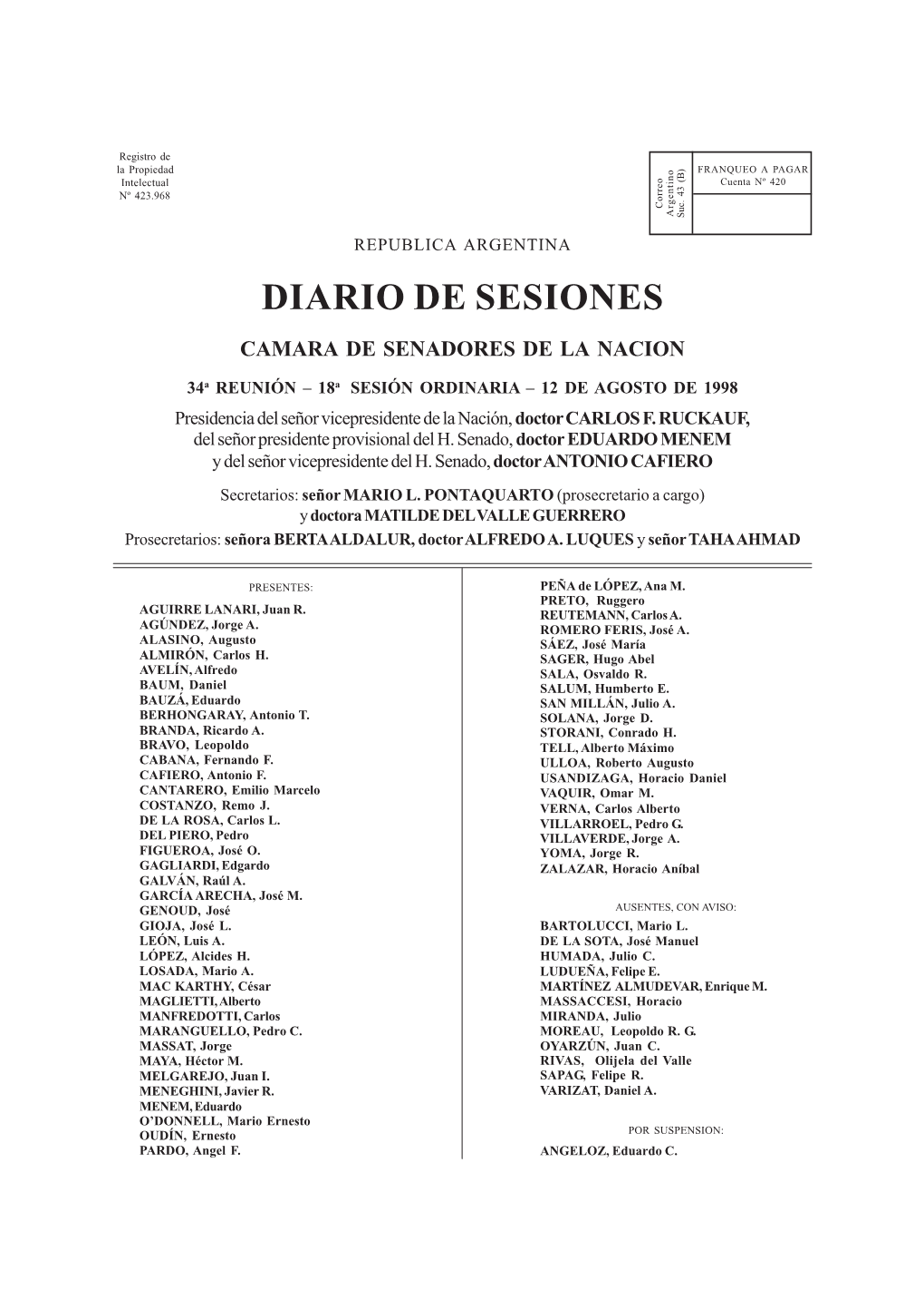 Diario De Sesiones Camara De Senadores De La Nacion