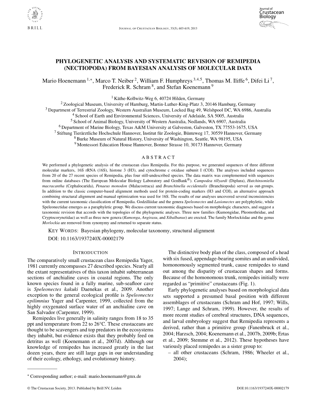 Phylogenetic Analysis and Systematic Revision of Remipedia (Nectiopoda) from Bayesian Analysis of Molecular Data