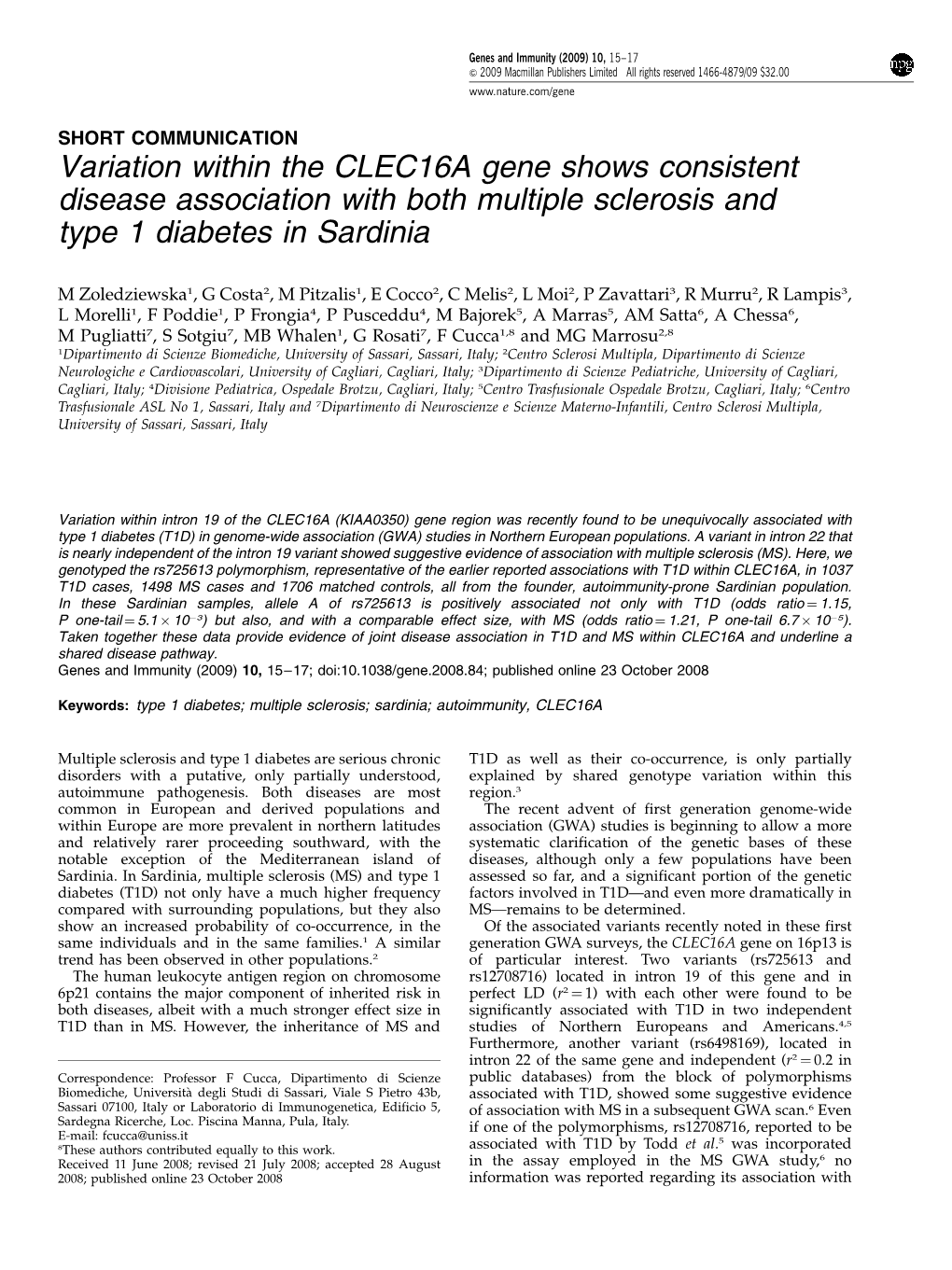 Variation Within the CLEC16A Gene Shows Consistent Disease Association with Both Multiple Sclerosis and Type 1 Diabetes in Sardinia