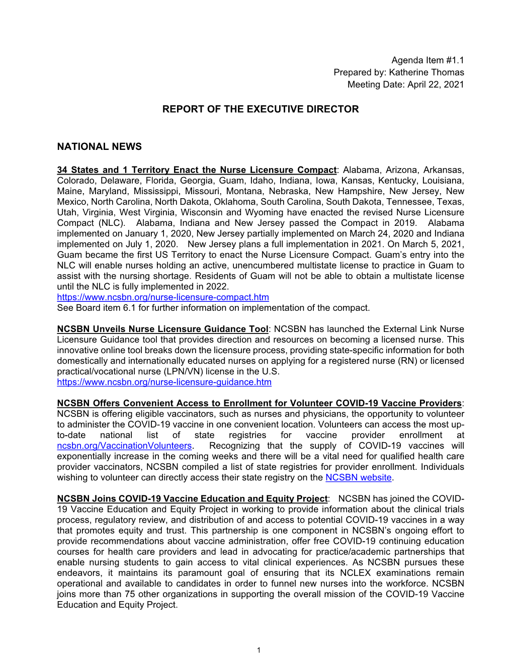 Report of the Executive Director National News