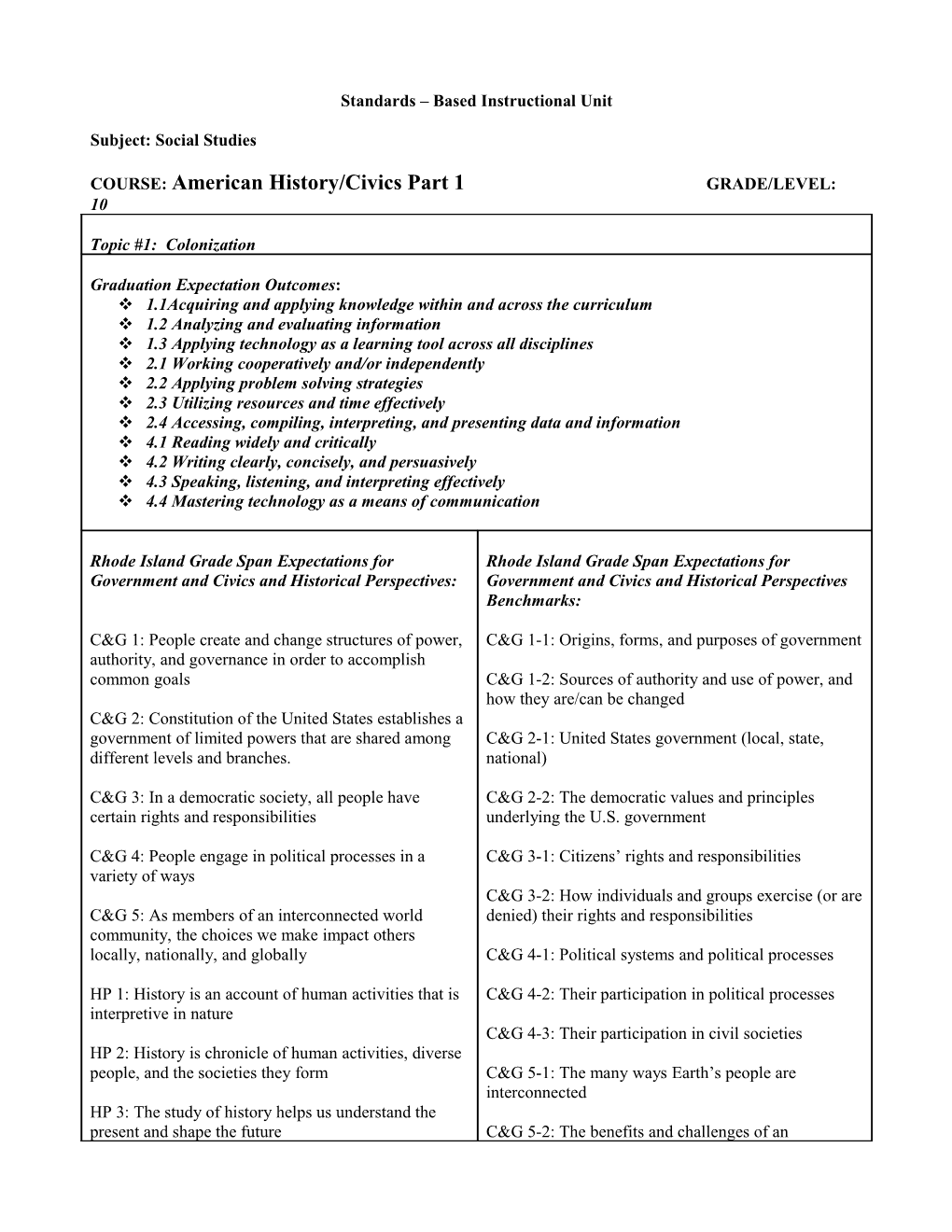 Standards Based Instructional Unit s1