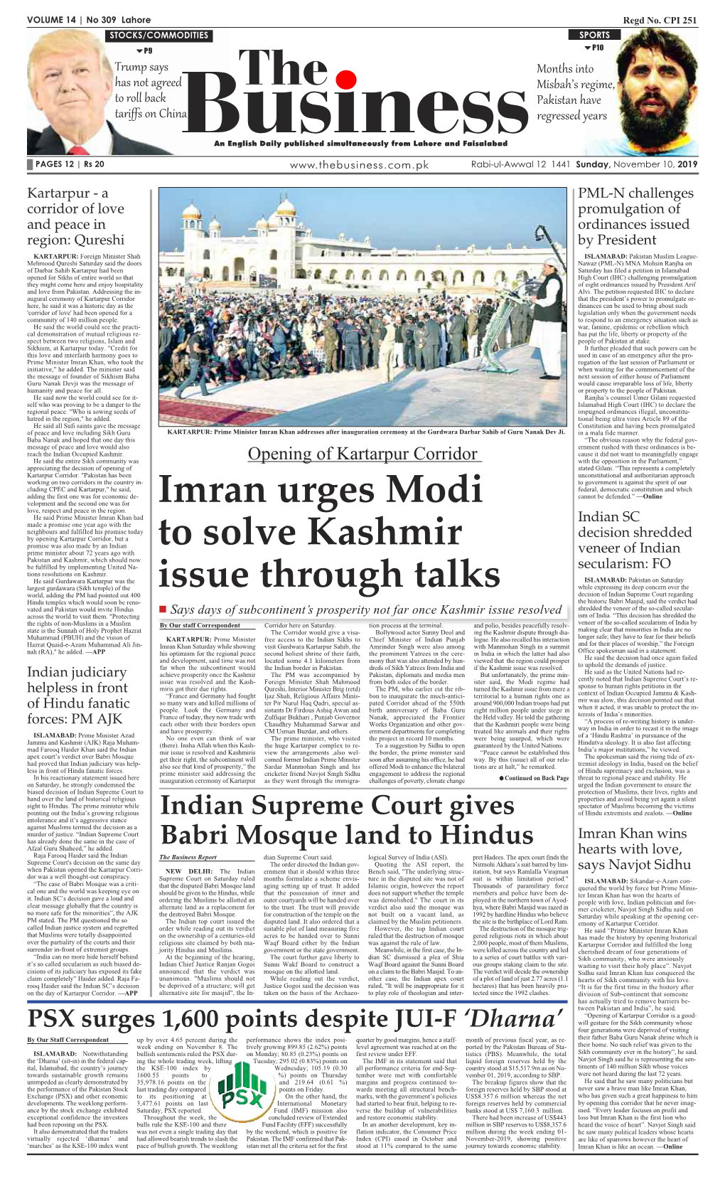 Imran Urges Modi to Solve Kashmir Issue Through Talks