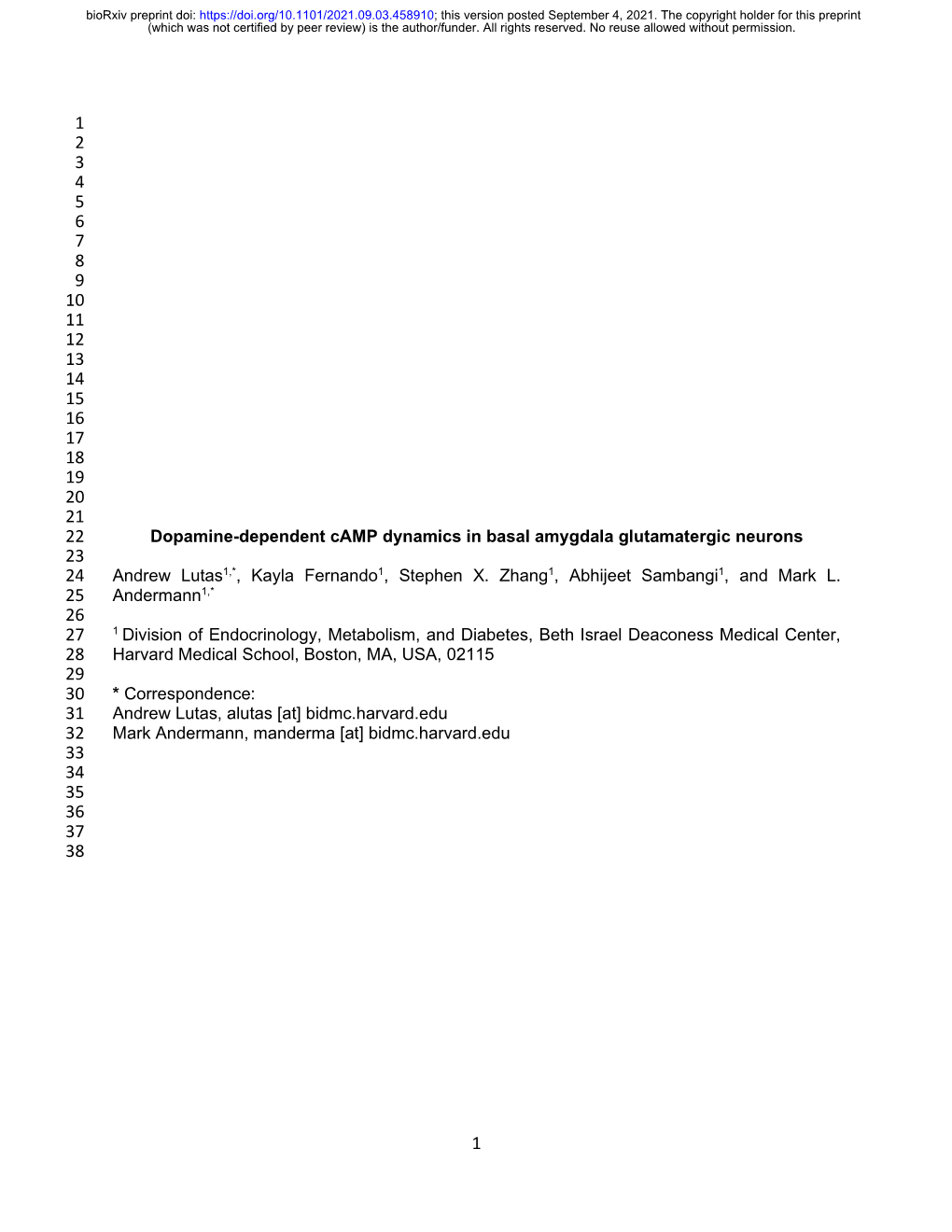 Dopamine-Dependent Camp Dynamics in Basal Amygdala Glutamatergic Neurons 23 24 Andrew Lutas1,*, Kayla Fernando1, Stephen X