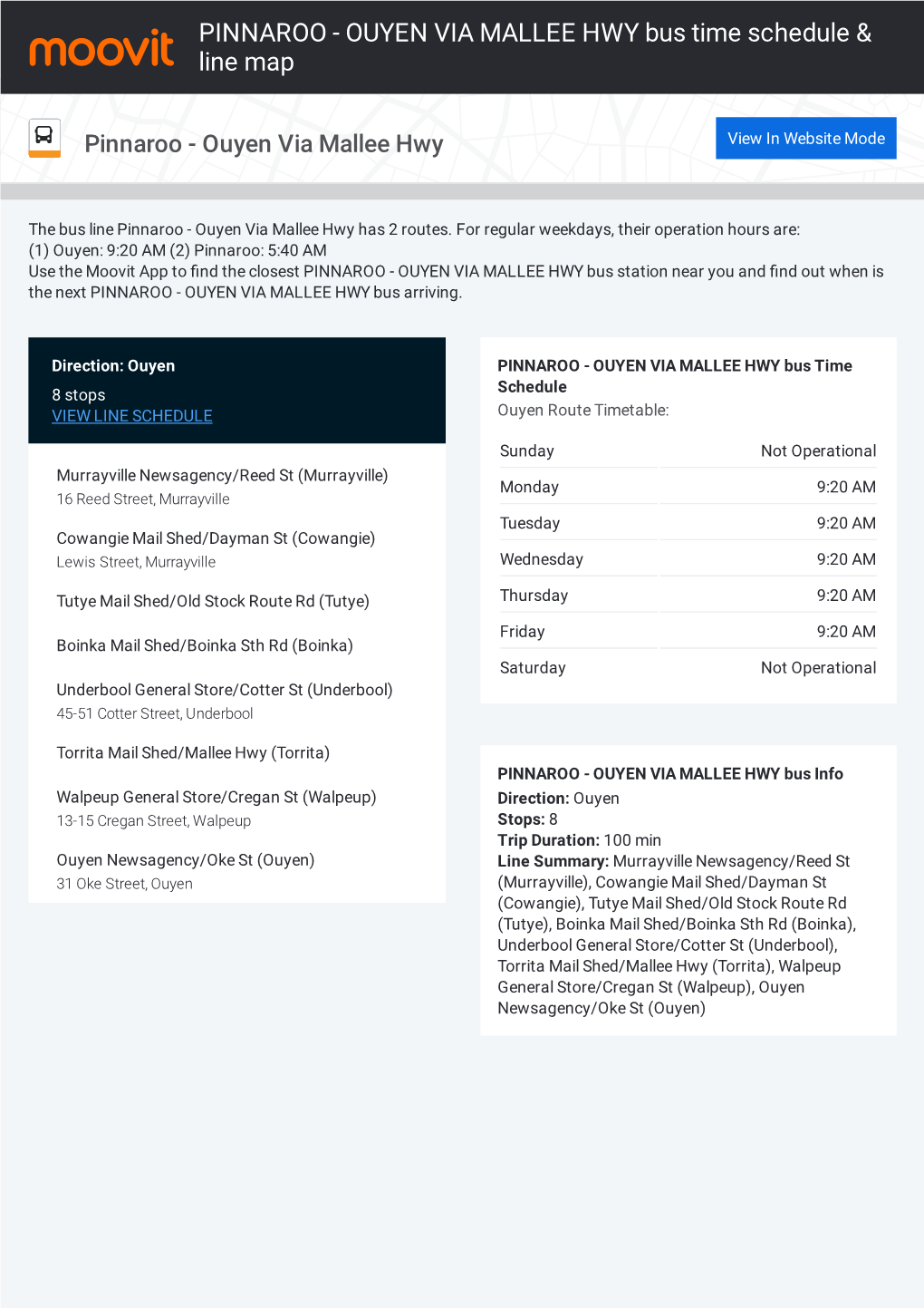 PINNAROO - OUYEN VIA MALLEE HWY Bus Time Schedule & Line Map