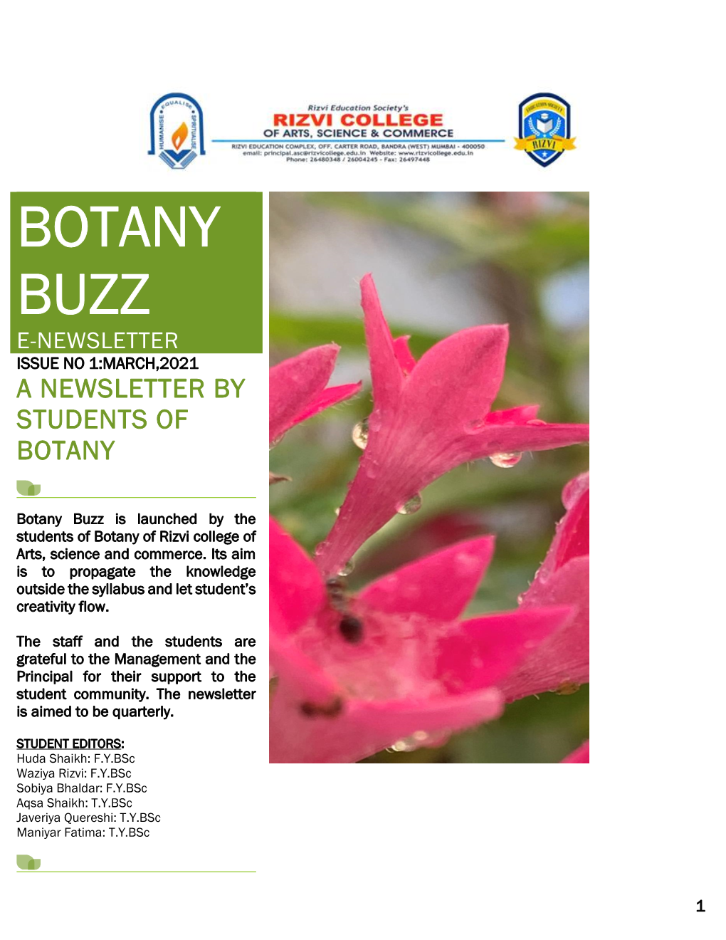 Botany Buzz E-Newsletter Issue No 1:March,2021 a Newsletter by Students of Botany