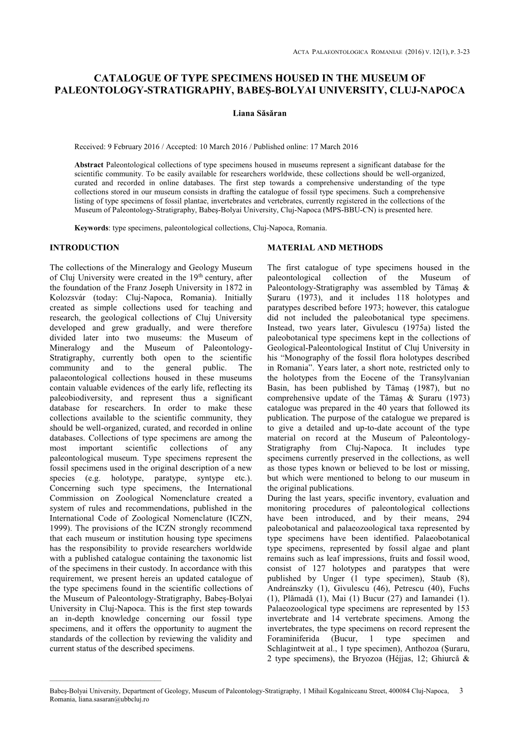 Catalogue of Type Specimens Housed in the Museum of Paleontology-Stratigraphy, Babes-Bolyai University, Cluj-Napoca