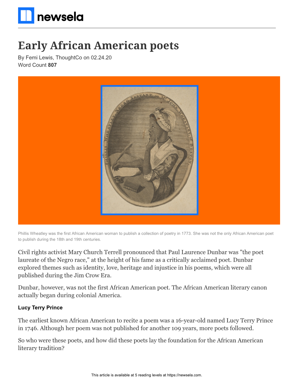 Early African American Poets by Femi Lewis, Thoughtco on 02.24.20 Word Count 807