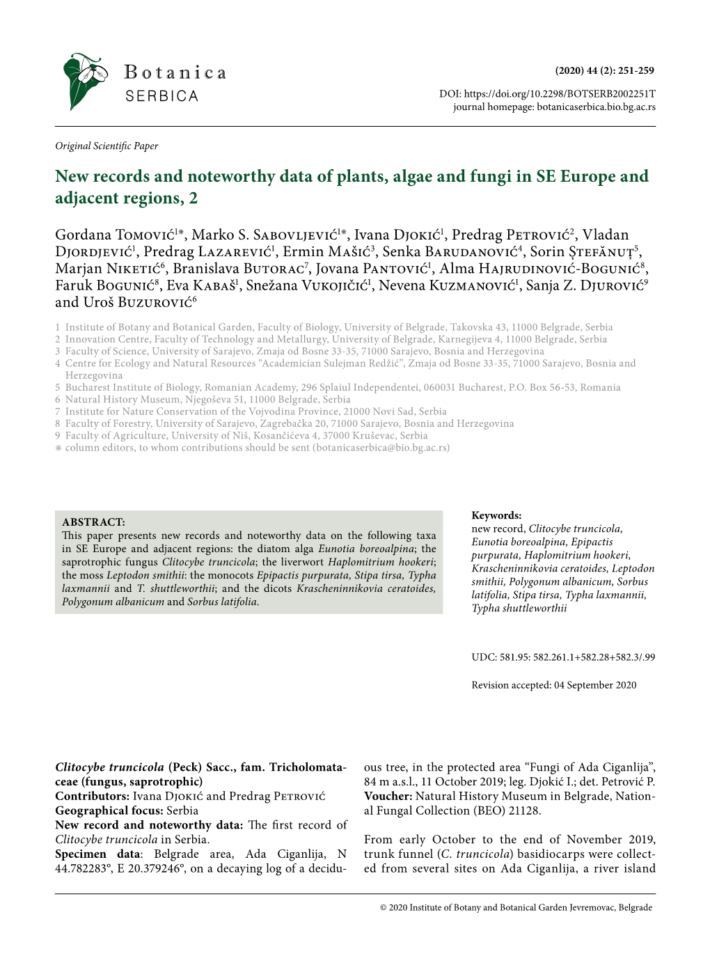 New Records and Noteworthy Data of Plants, Algae and Fungi in SE Europe and Adjacent Regions, 2