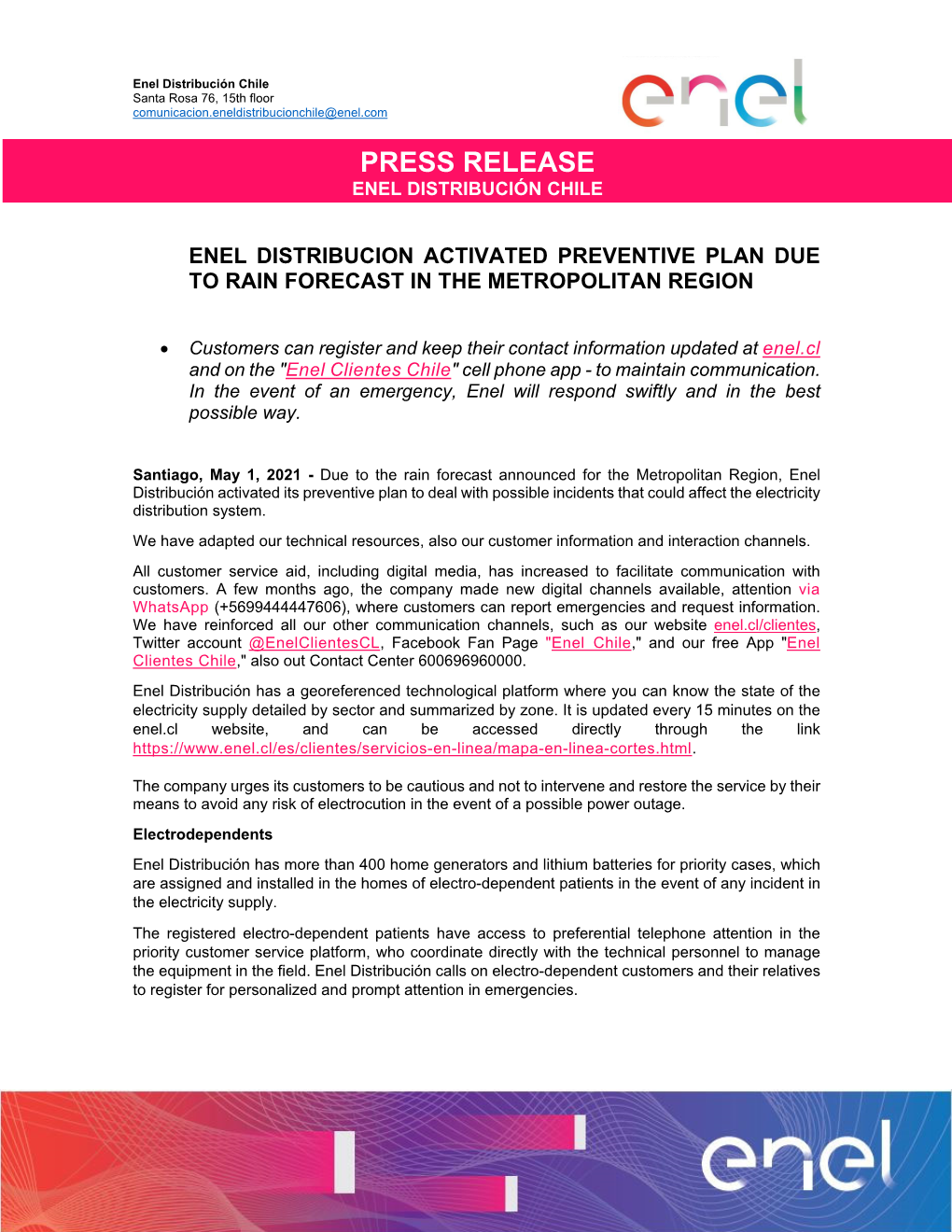 Enel Distribución Activated Preventive Plan Due to Rain Forecast in The