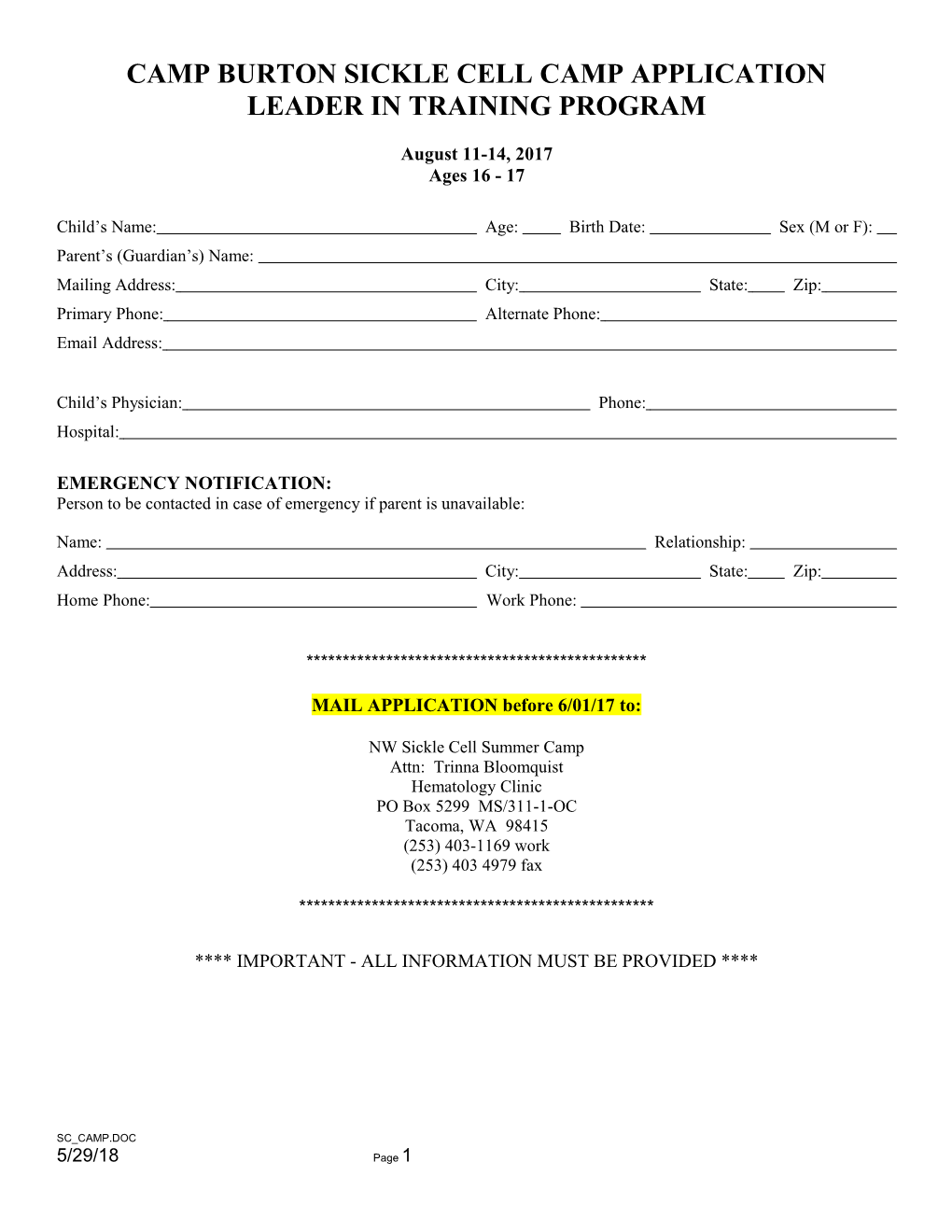 Camp Burton Sickle Cell Camp Application