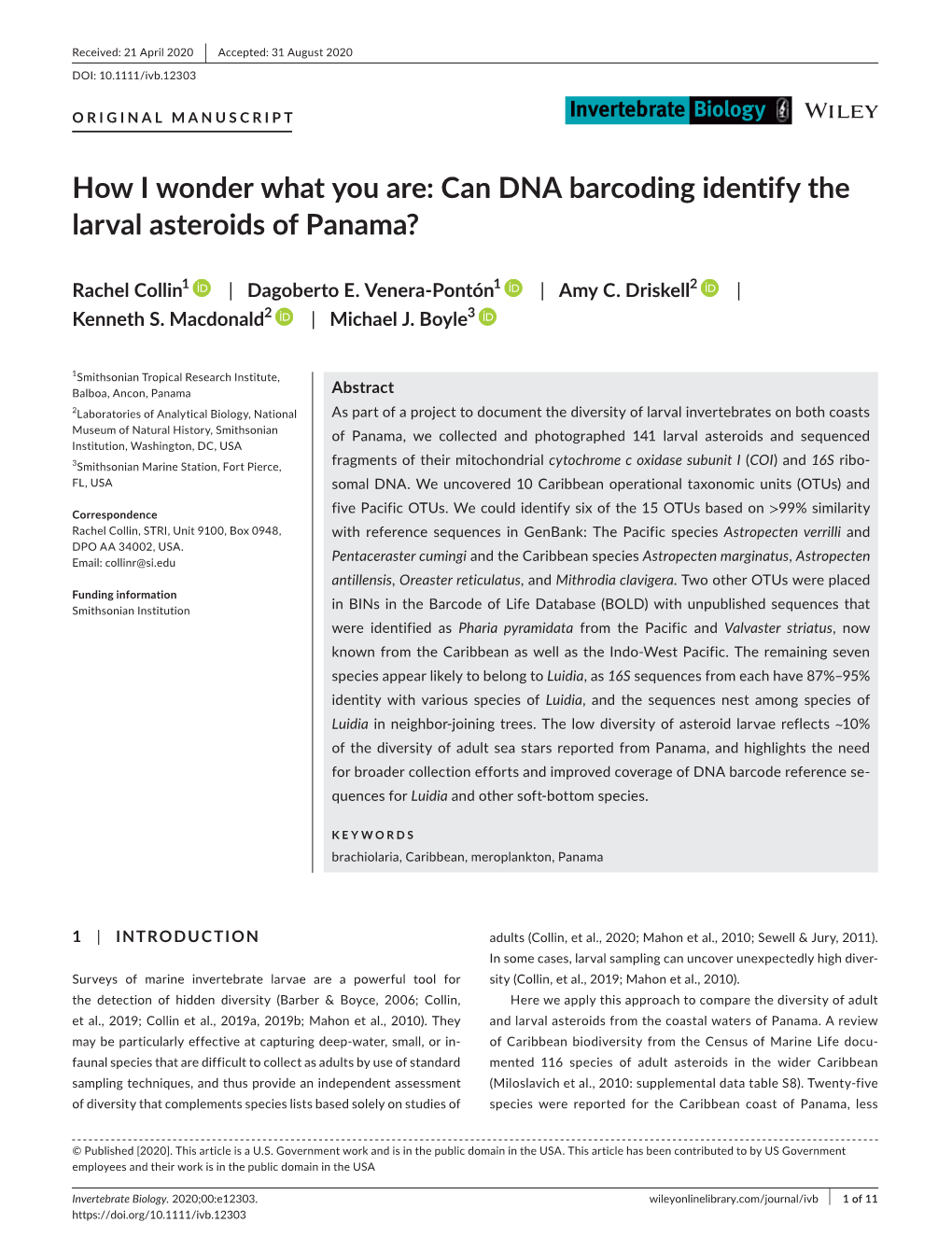 Can DNA Barcoding Identify the Larval Asteroids of Panama?