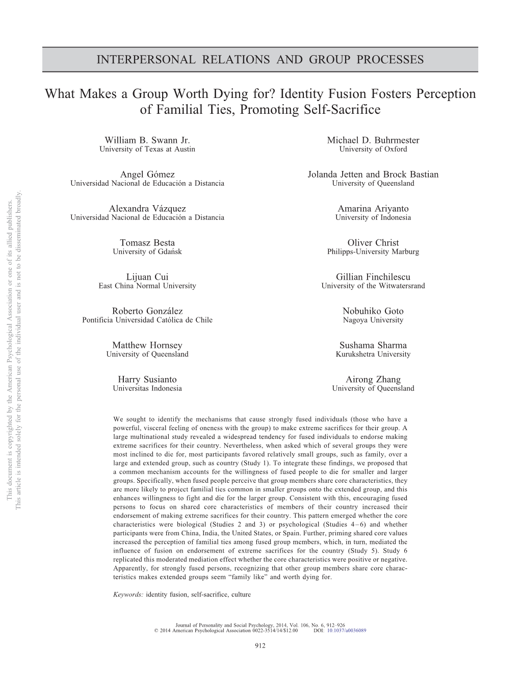 Identity Fusion Fosters Perception of Familial Ties, Promoting Self-Sacrifice