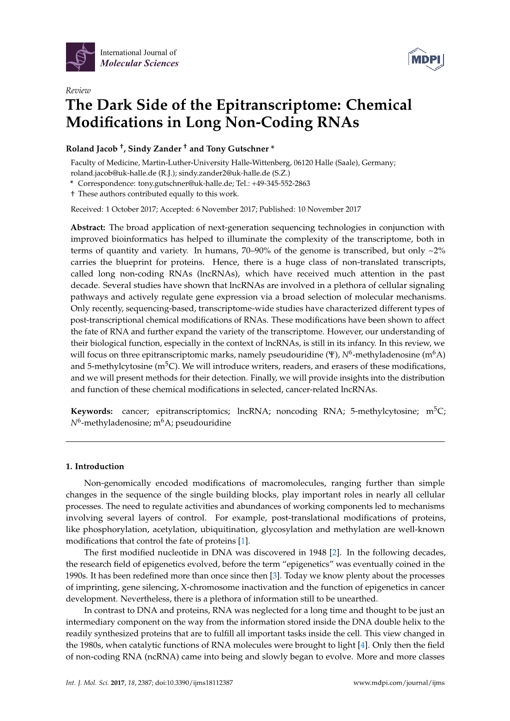 Chemical Modifications in Long Non-Coding Rnas