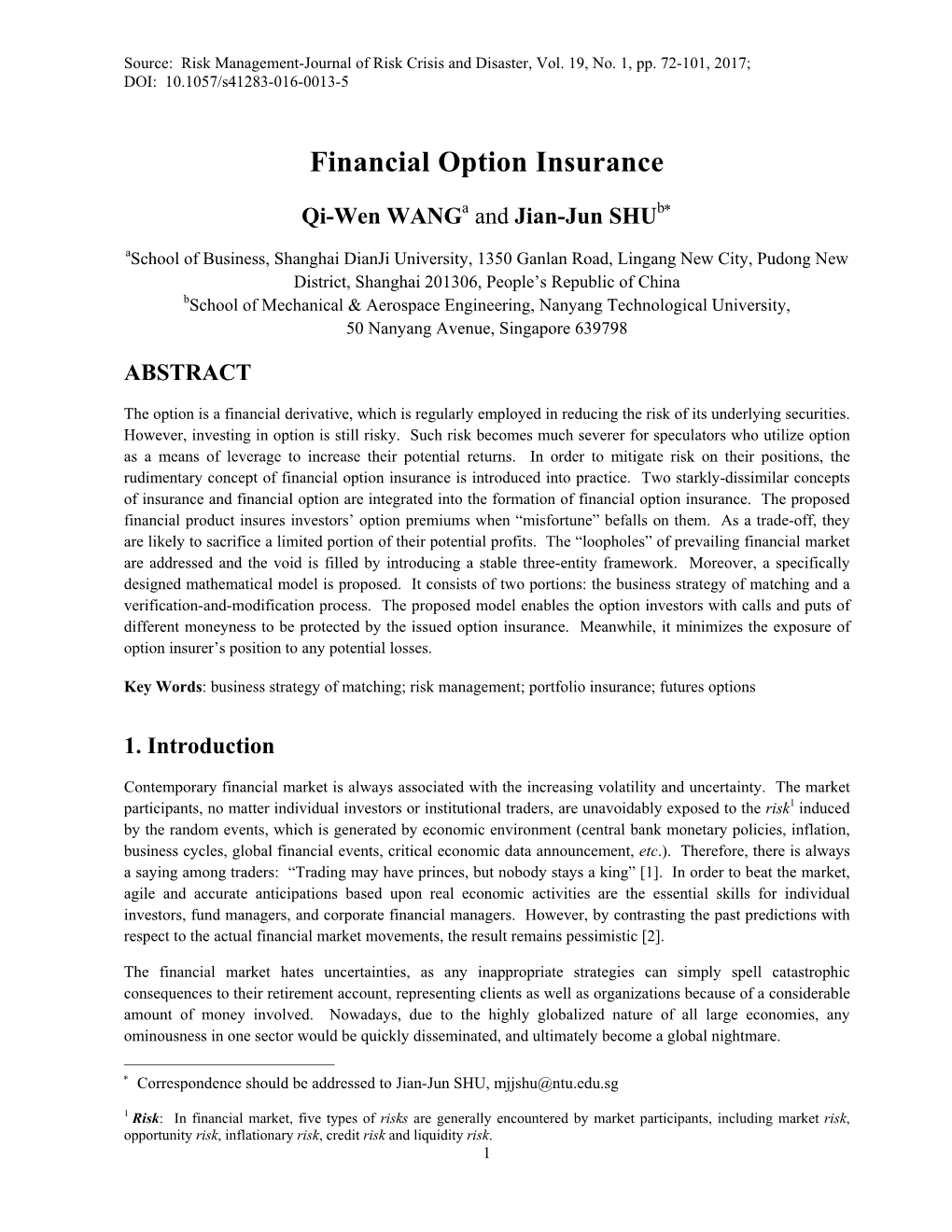 Financial Option Insurance