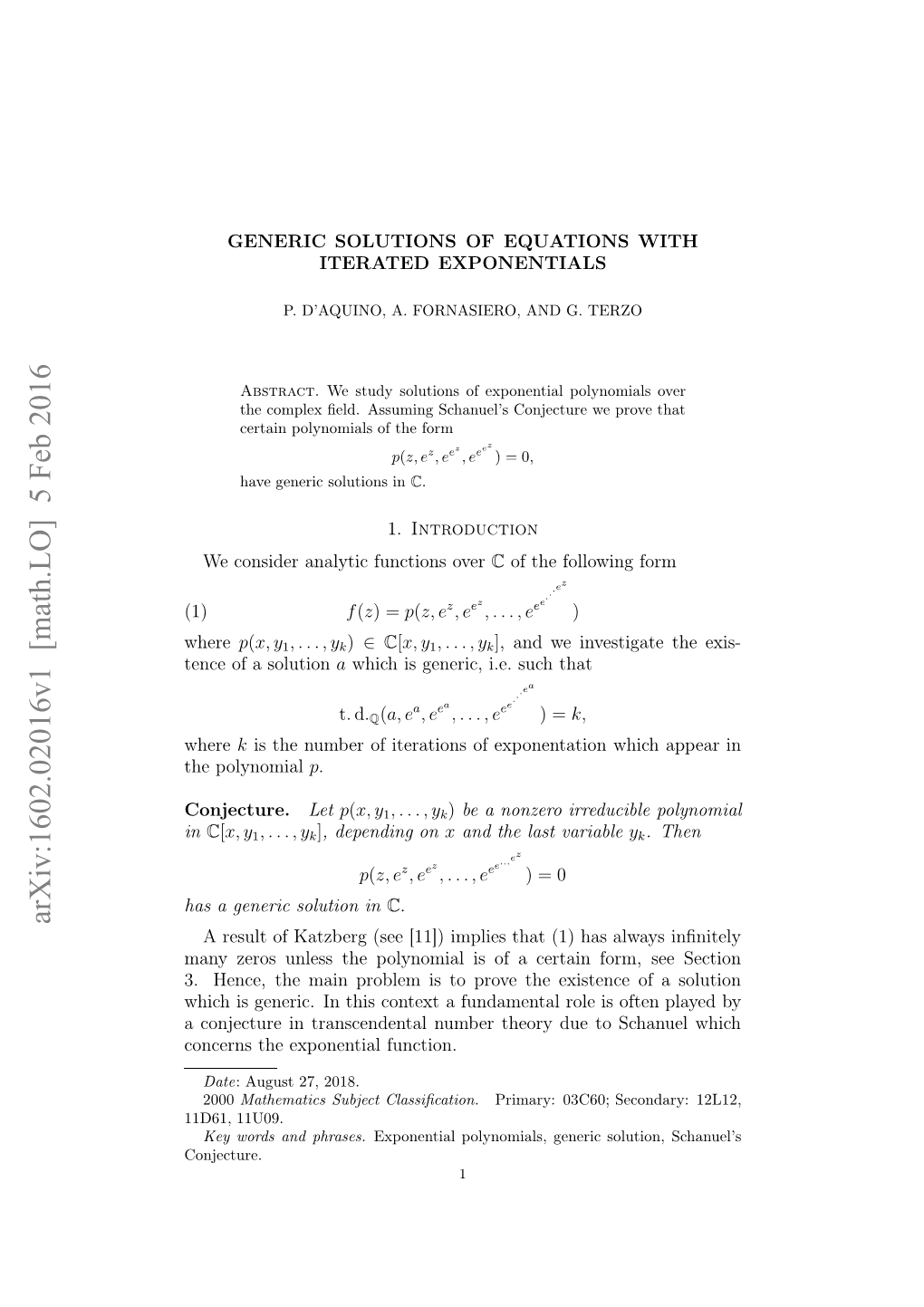Generic Solutions of Equations with Iterated Exponentials