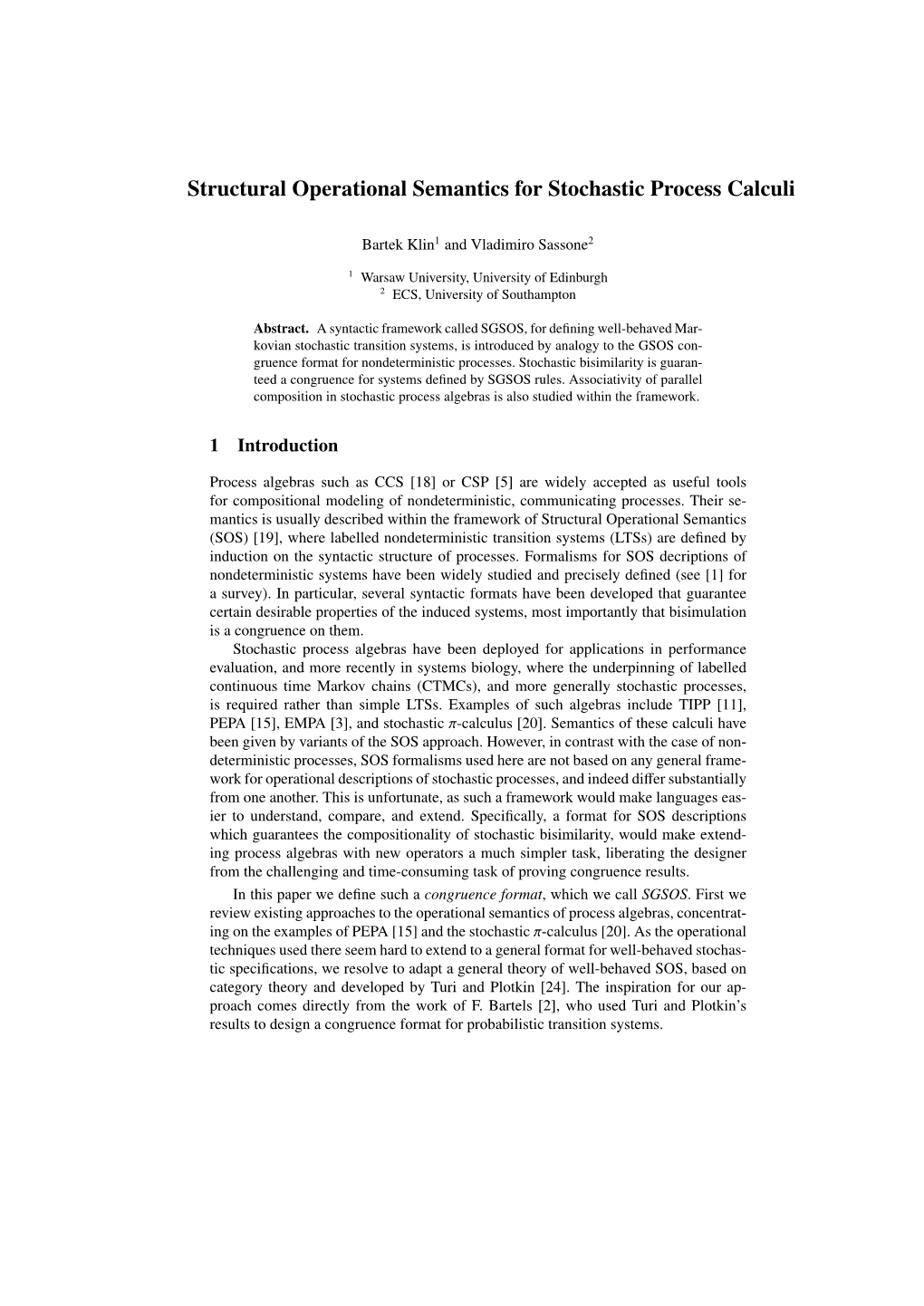 Structural Operational Semantics for Stochastic Process Calculi