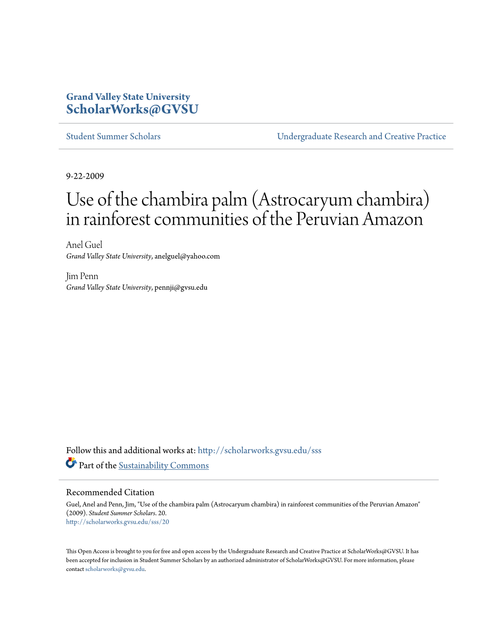 Astrocaryum Chambira) in Rainforest Communities of the Peruvian Amazon Anel Guel Grand Valley State University, Anelguel@Yahoo.Com