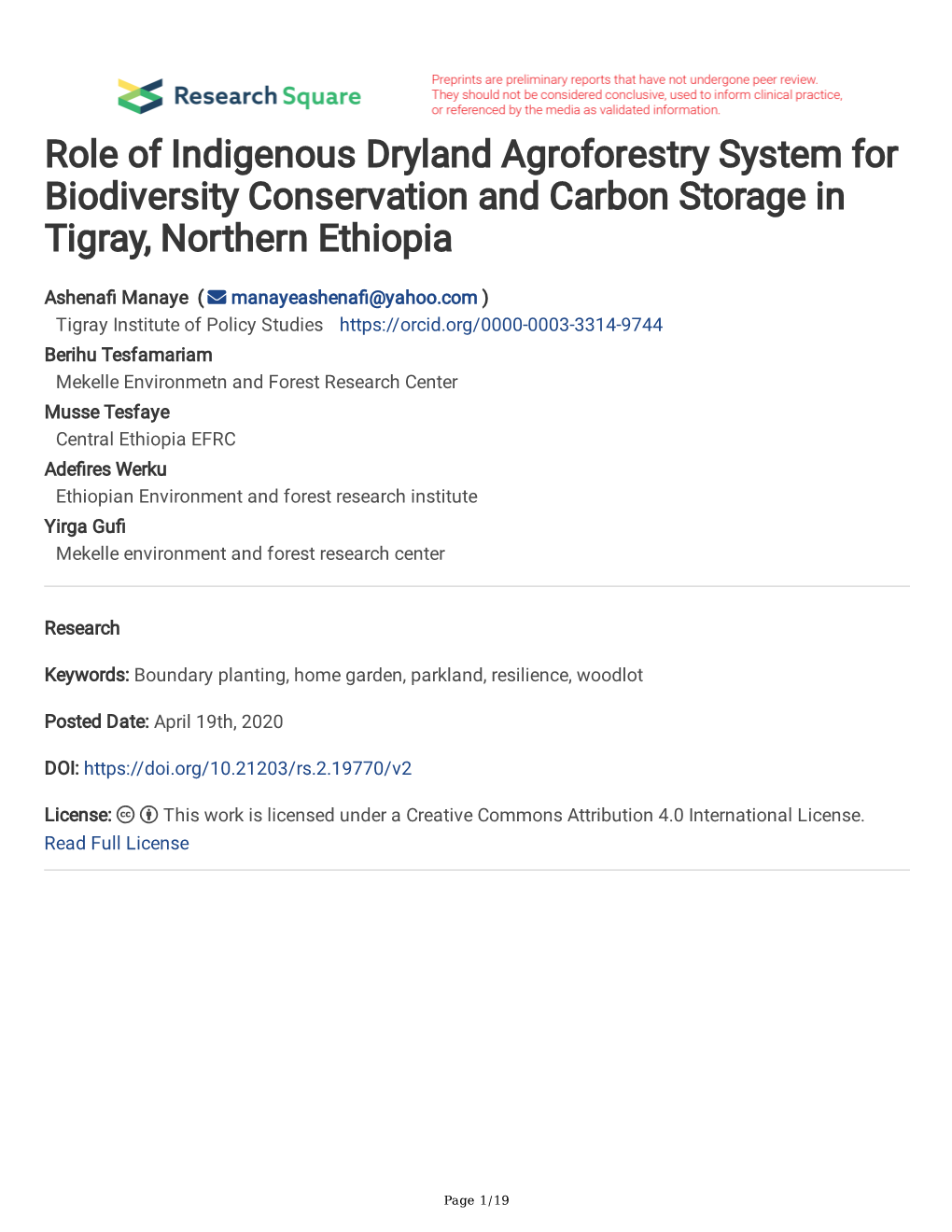 Role of Indigenous Dryland Agroforestry System for Biodiversity Conservation and Carbon Storage in Tigray, Northern Ethiopia