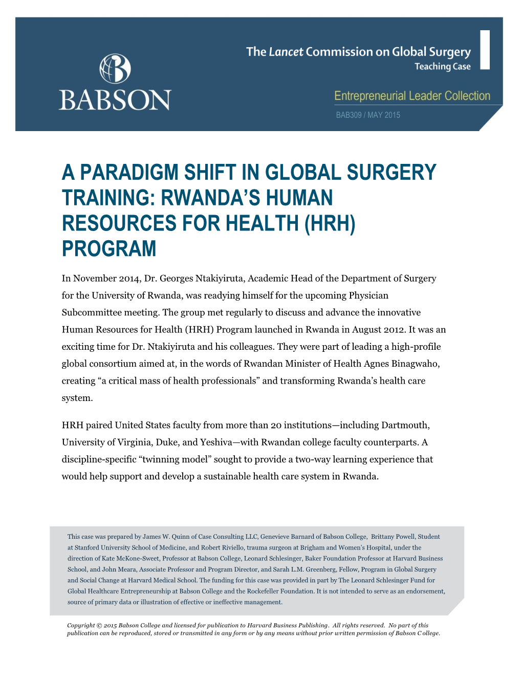 A Paradigm Shift in Global Surgery Training: Rwanda’S Human Resources for Health (Hrh) Program