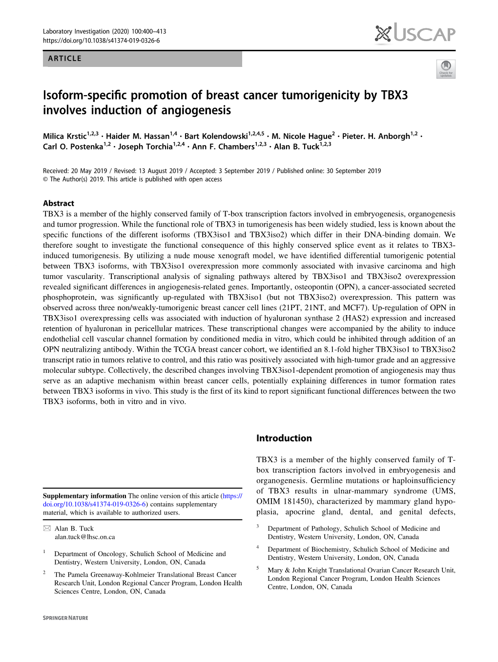 Isoform-Specific Promotion of Breast Cancer Tumorigenicity by TBX3