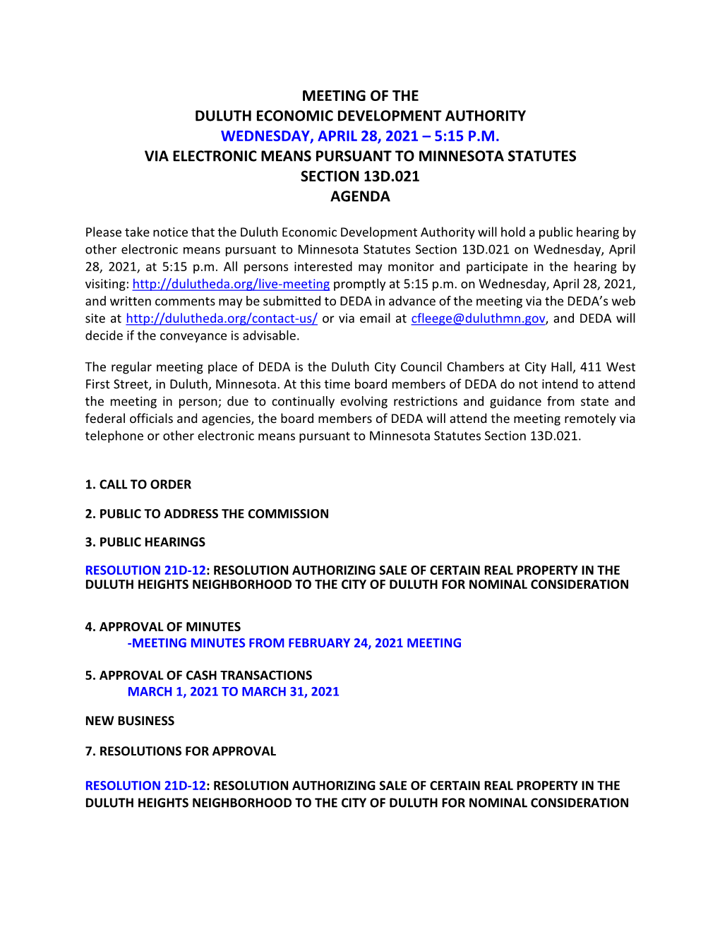Meeting of the Duluth Economic Development Authority Wednesday, April 28, 2021 – 5:15 P.M