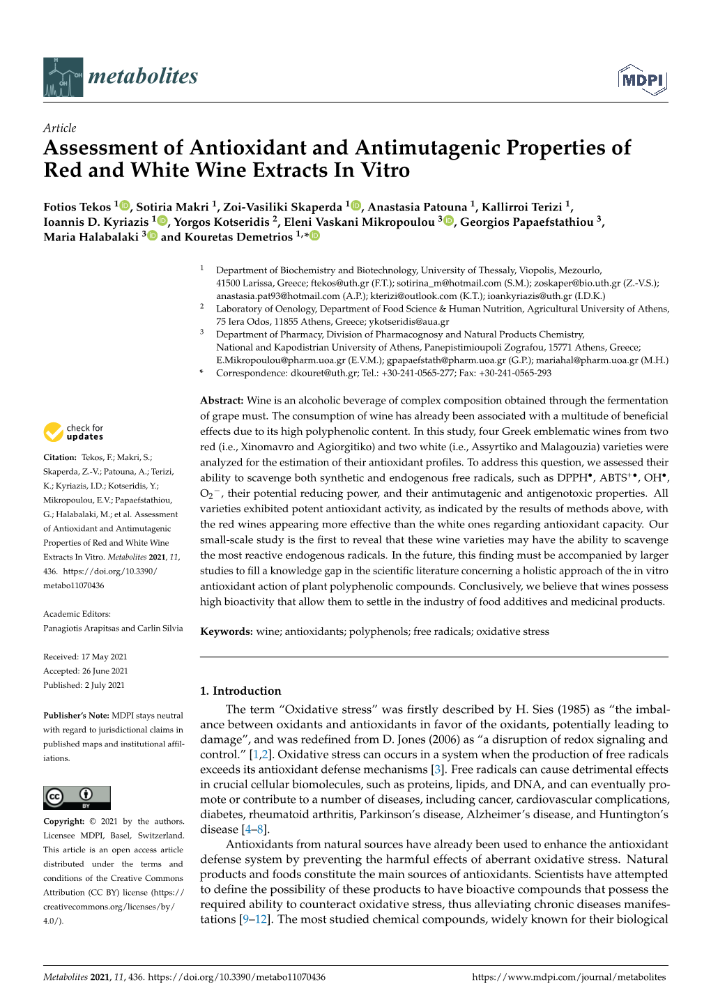 Assessment of Antioxidant and Antimutagenic Properties of Red and White Wine Extracts in Vitro