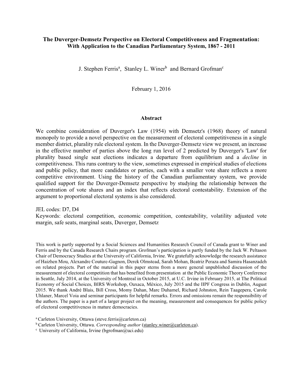 The Duverger-Demsetz Perspective on Electoral Competitiveness and Fragmentation: with Application to the Canadian Parliamentary System, 1867 - 2011