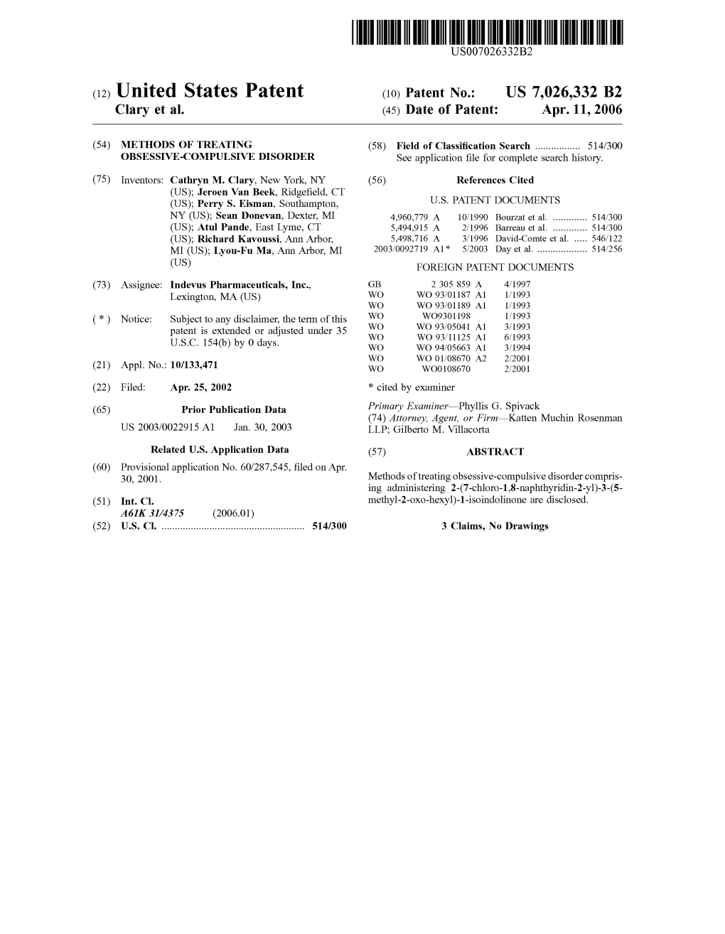 (12) United States Patent (10) Patent No.: US 7,026,332 B2 Clary Et Al