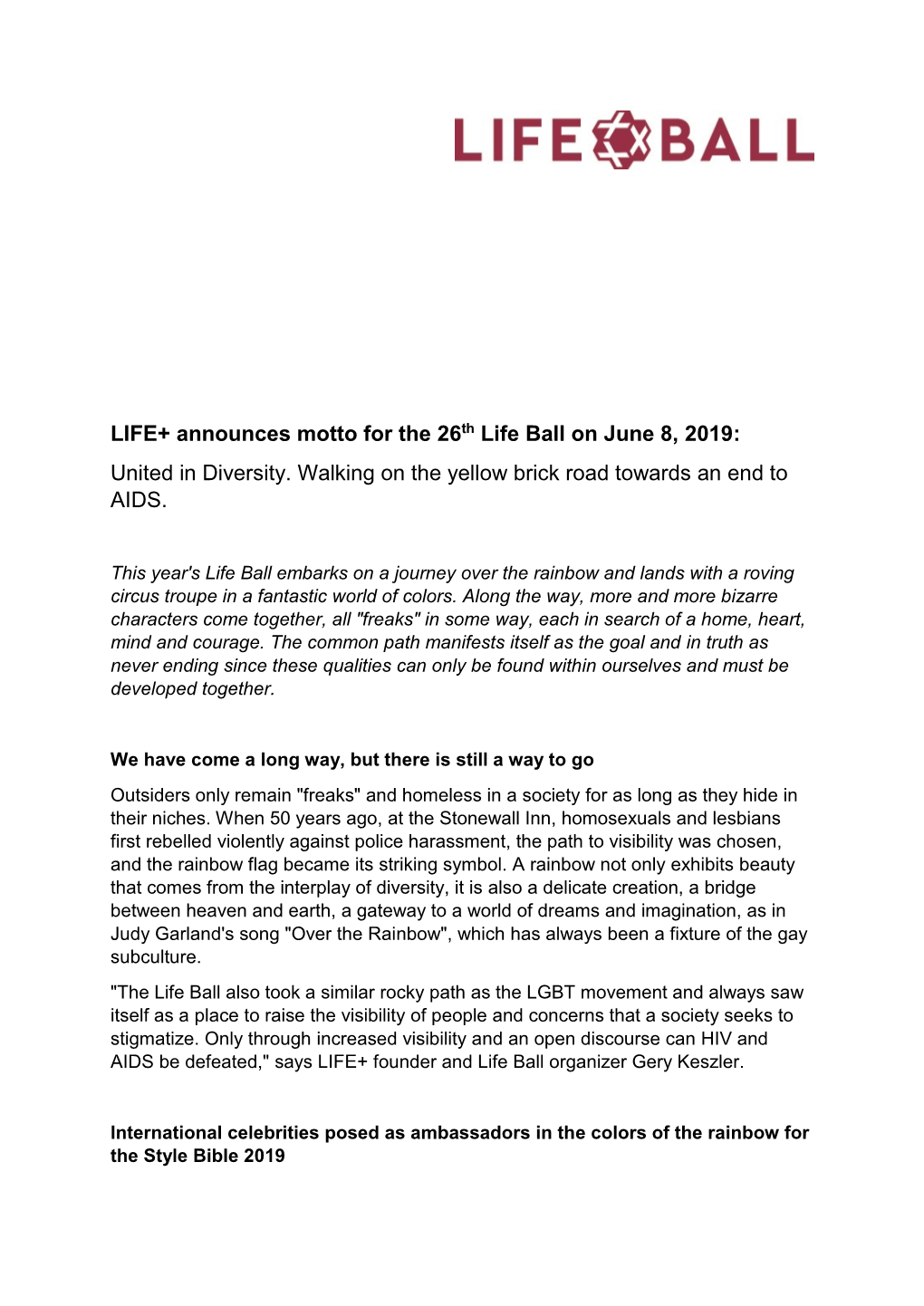 LIFE+ Releases Motto for the 26Th Life Ball on June 8, 2019