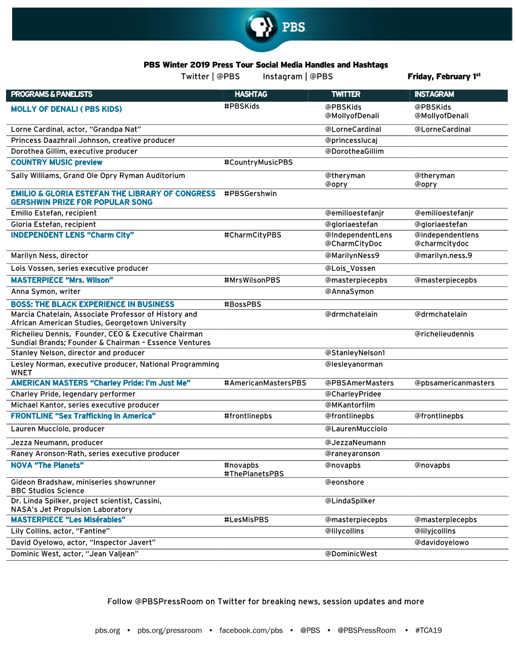 PBS Winter 2019 Press Tour Social Media Handles and Hashtags Twitter | @PBS Instagram | @PBS Friday, February 1St