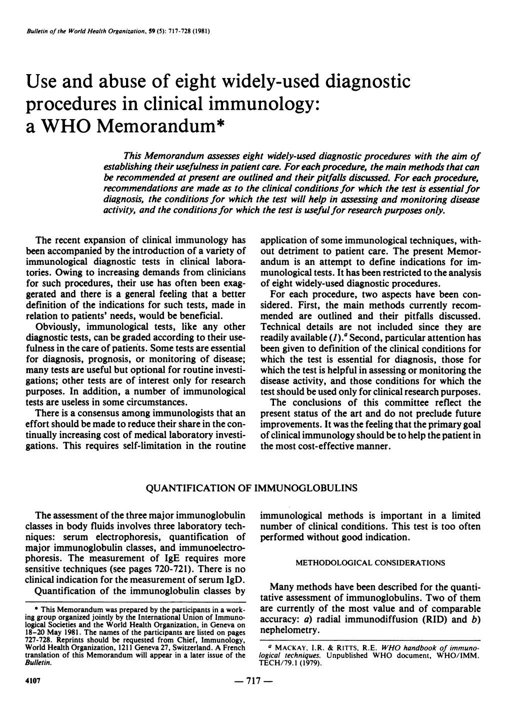 Use and Abuse of Eight Widely-Used Diagnostic Procedures in Clinical Immunology: a WHO Memorandum*