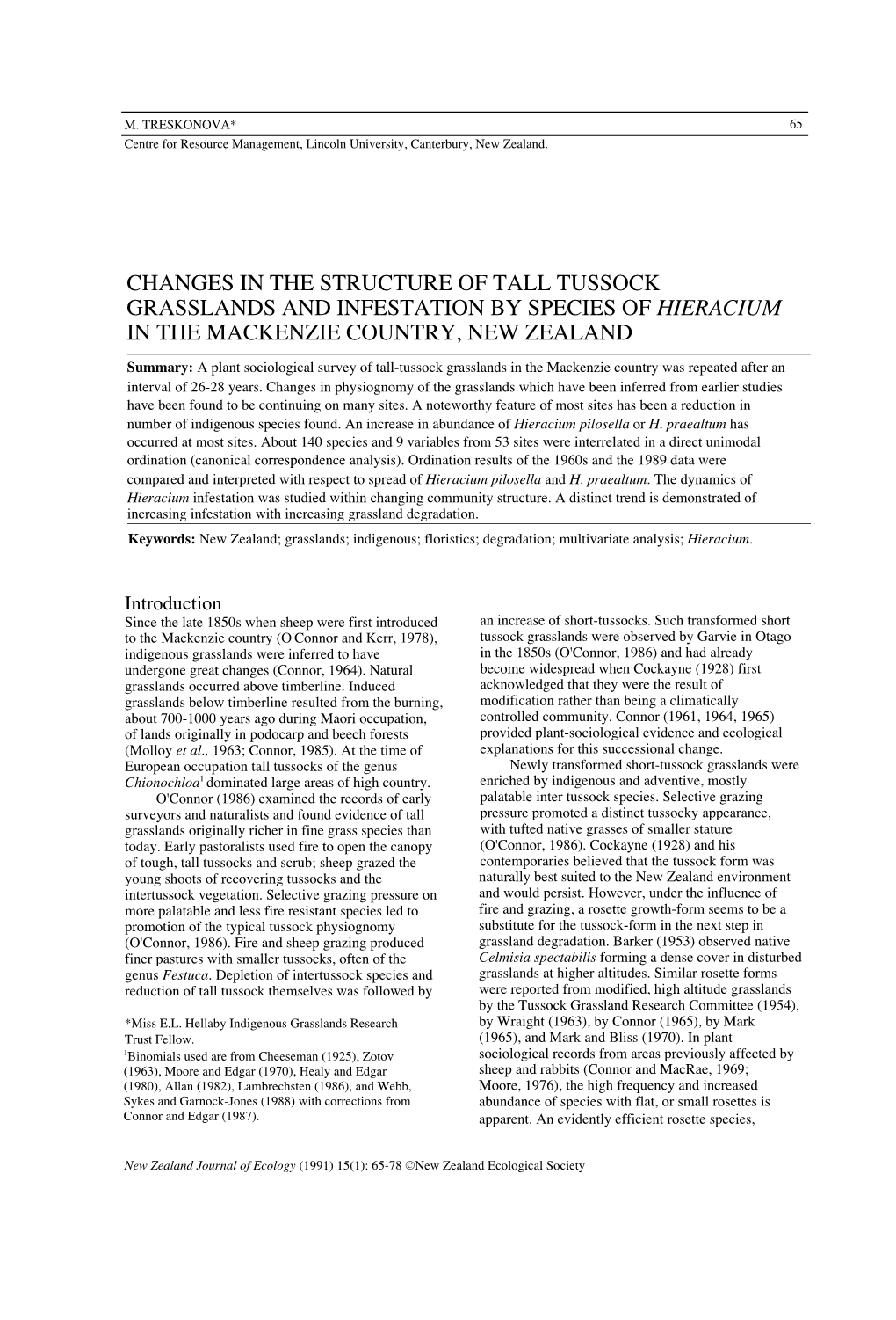 Changes in the Structure of Tall Tussock Grasslands and Infestation by Species of Hieracium in the Mackenzie Country, New Zealand