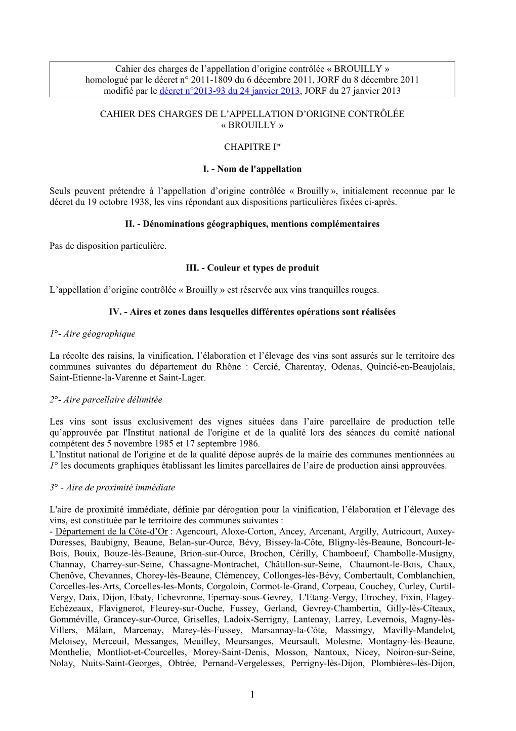 Cahier Des Charges De L'appellation D'origine Contrôlée « BROUILLY