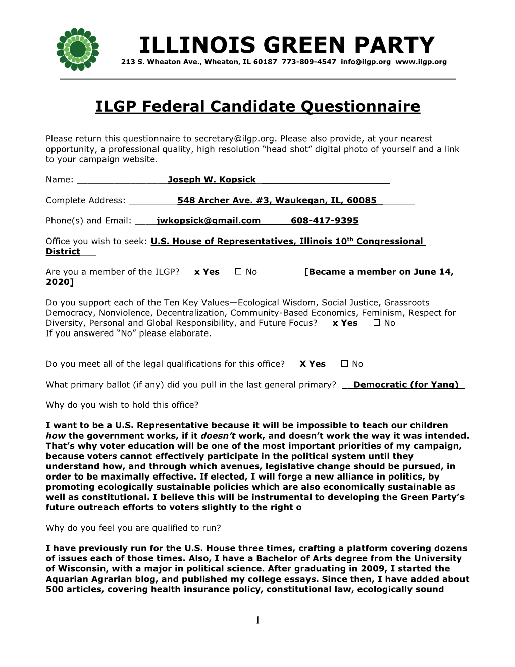 ILGP General Candidate Questionnaire