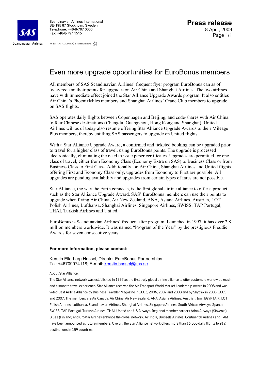 Press Release Even More Upgrade Opportunities for Eurobonus Members