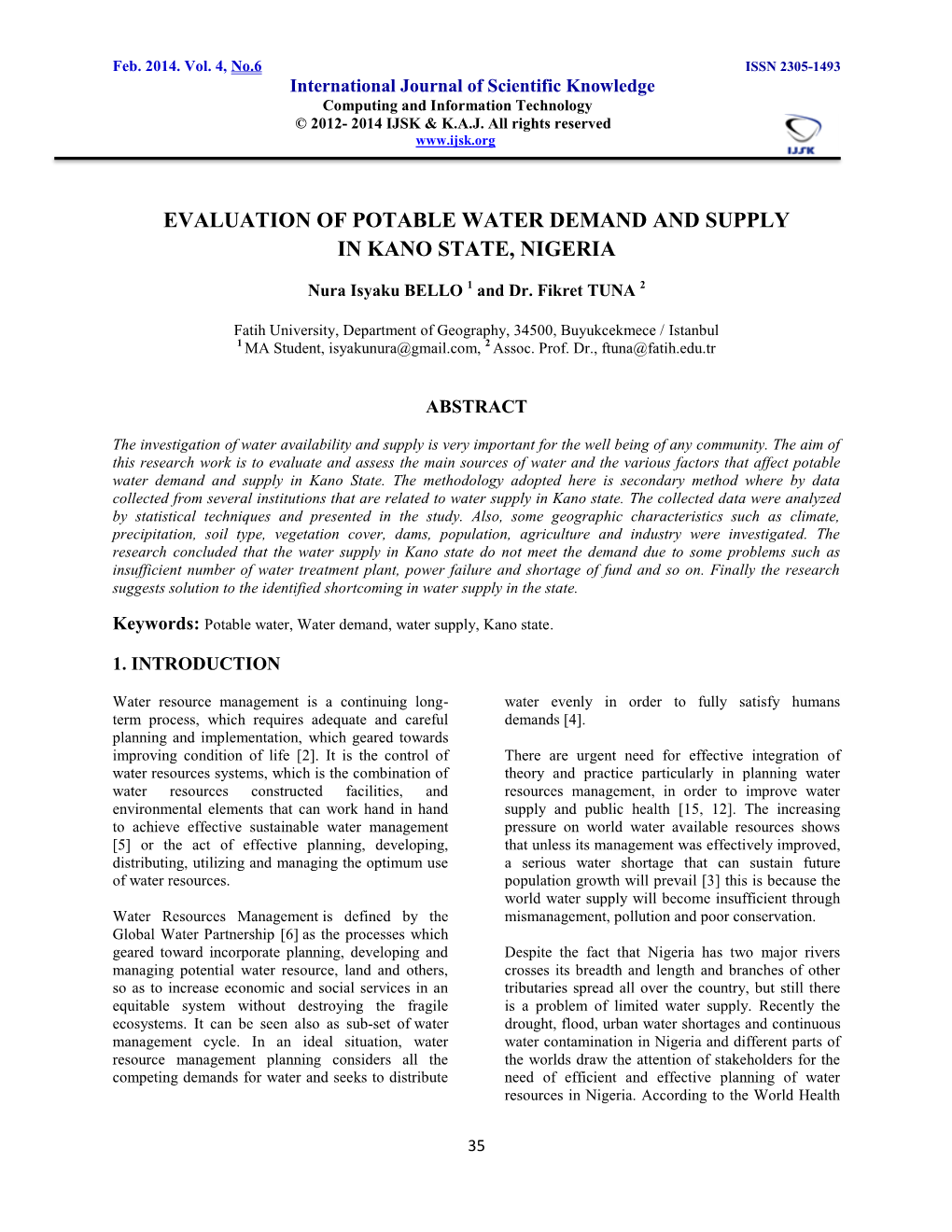 Evaluation of Potable Water Demand and Supply in Kano State, Nigeria