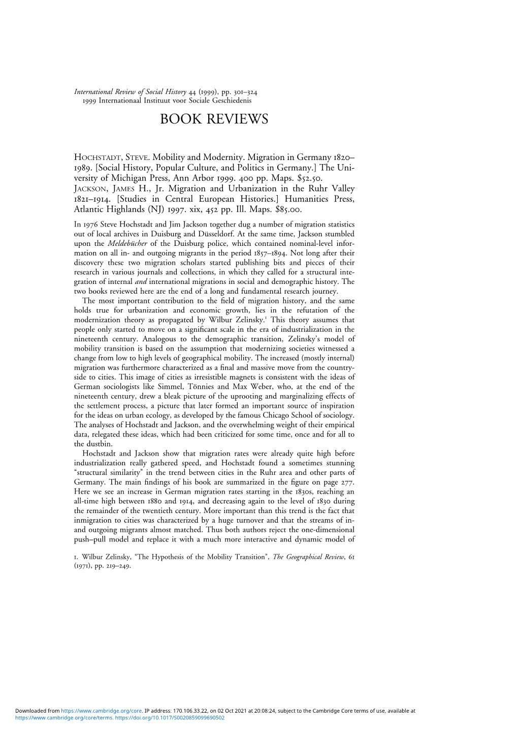 HOCHSTADT, STEVE. Mobility and Modernity. Migration in Germany 1820&#8211;1989. [Social History, Popular Culture, and Politi