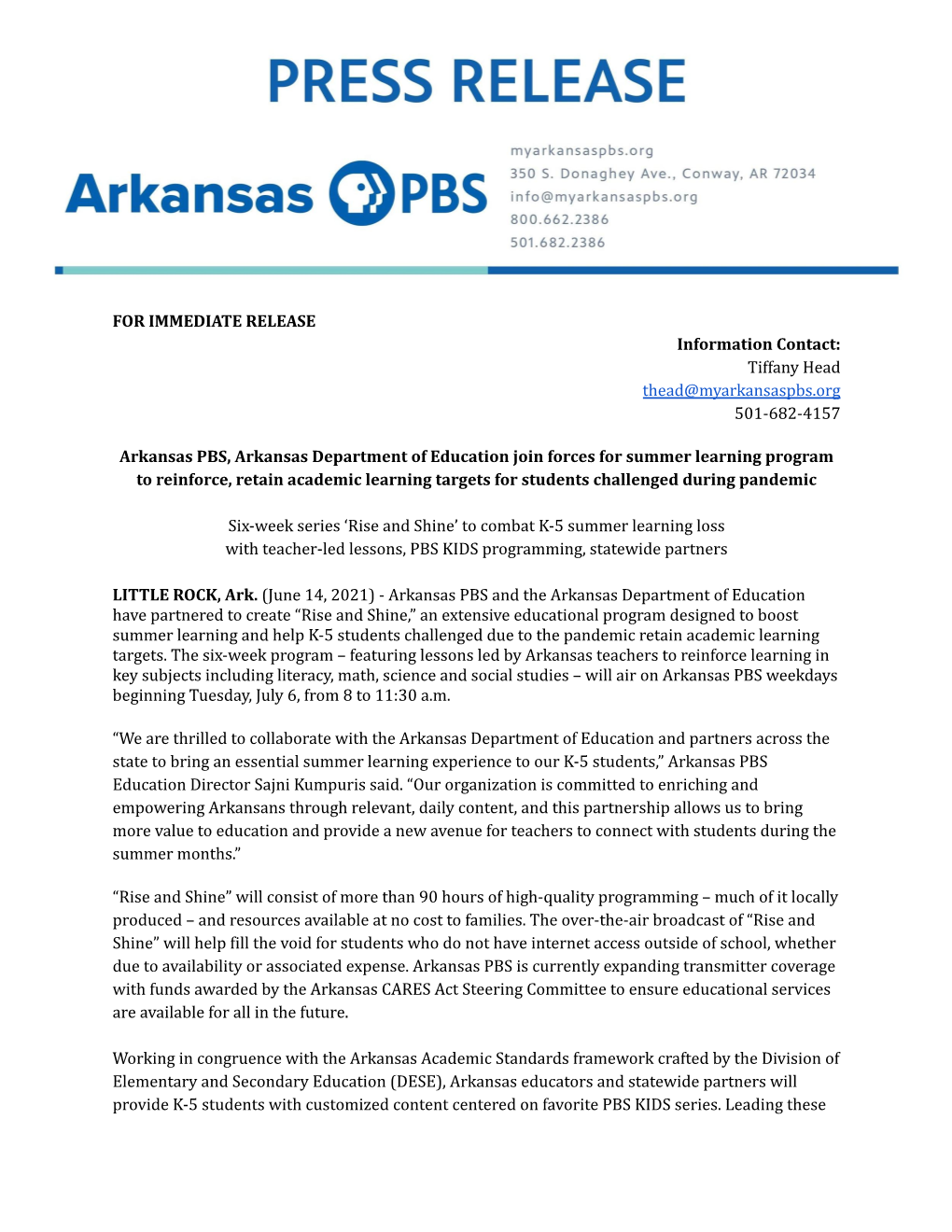 AETN ARK PBS News Release Revised DRAFT