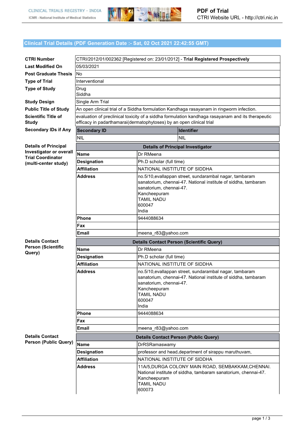 CTRI Trial Data