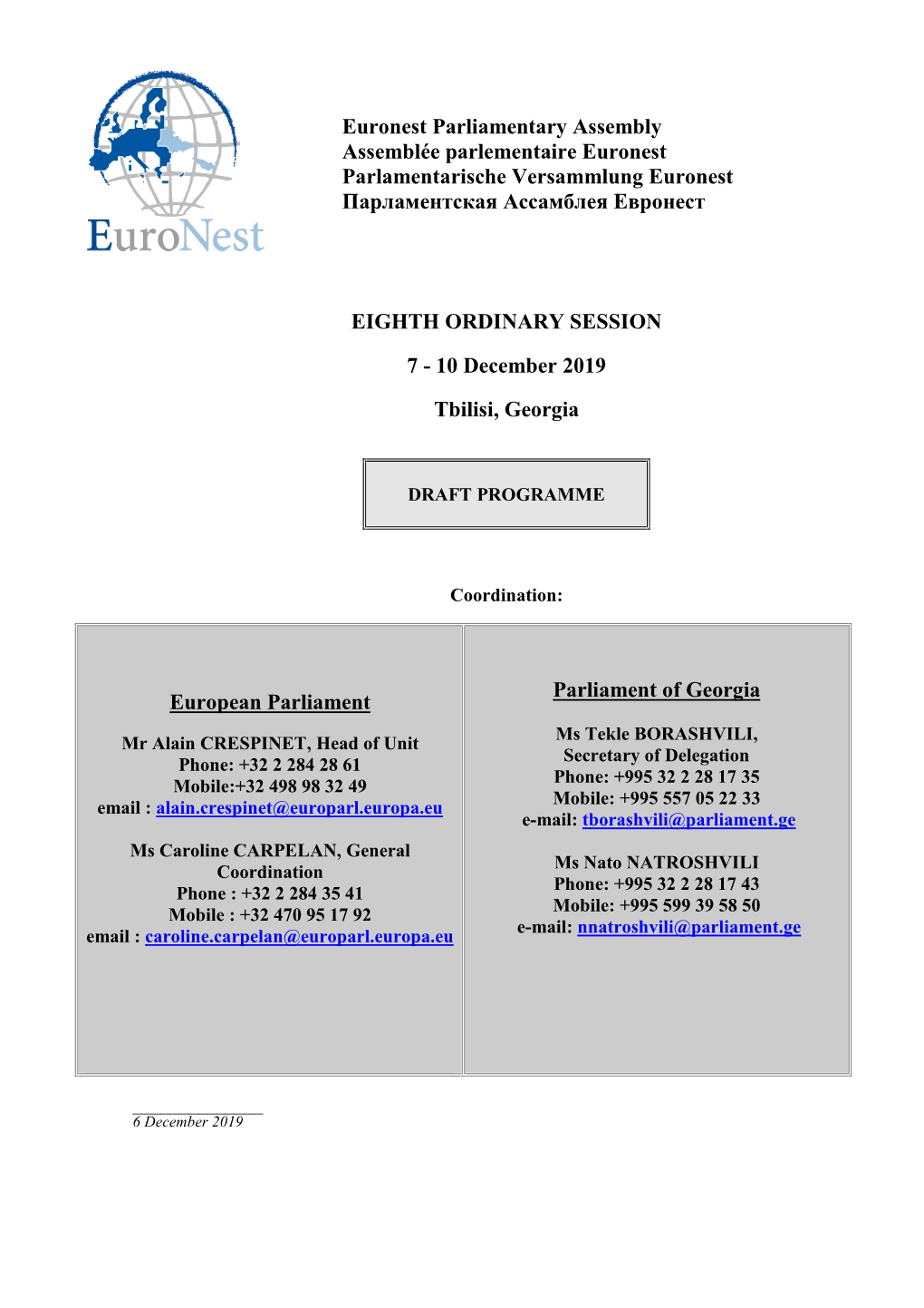 Programme of the 8Th Euronest PA Session