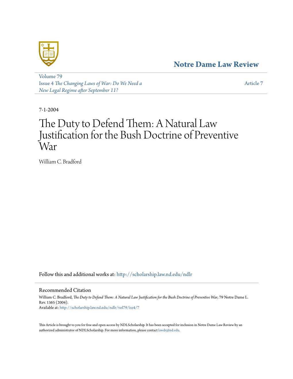 A Natural Law Justification for the Bush Doctrine of Preventive War William C