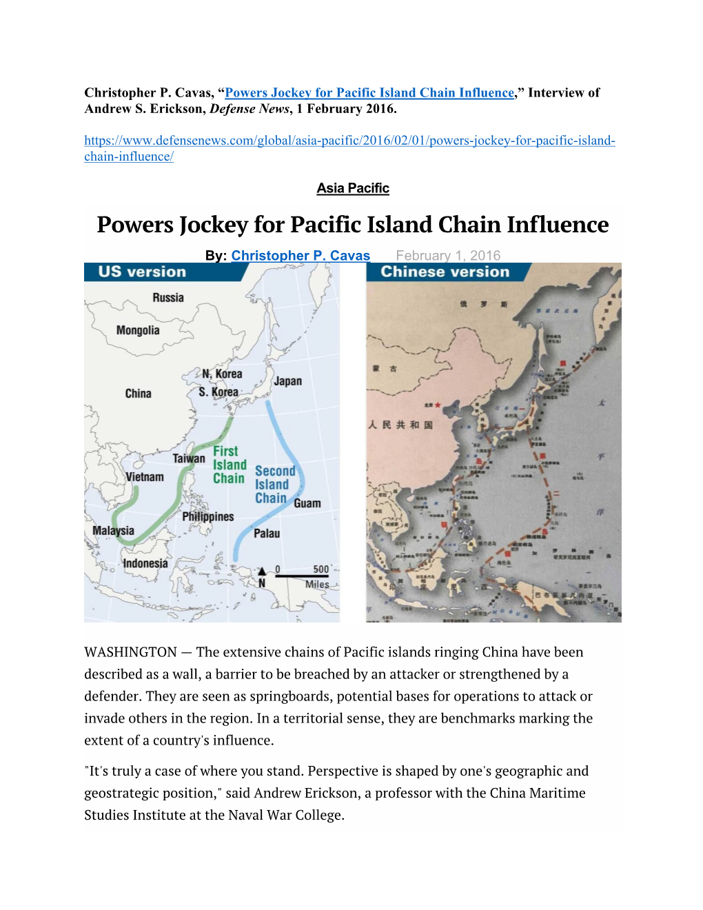 Powers Jockey for Pacific Island Chain Influence,” Interview of Andrew S