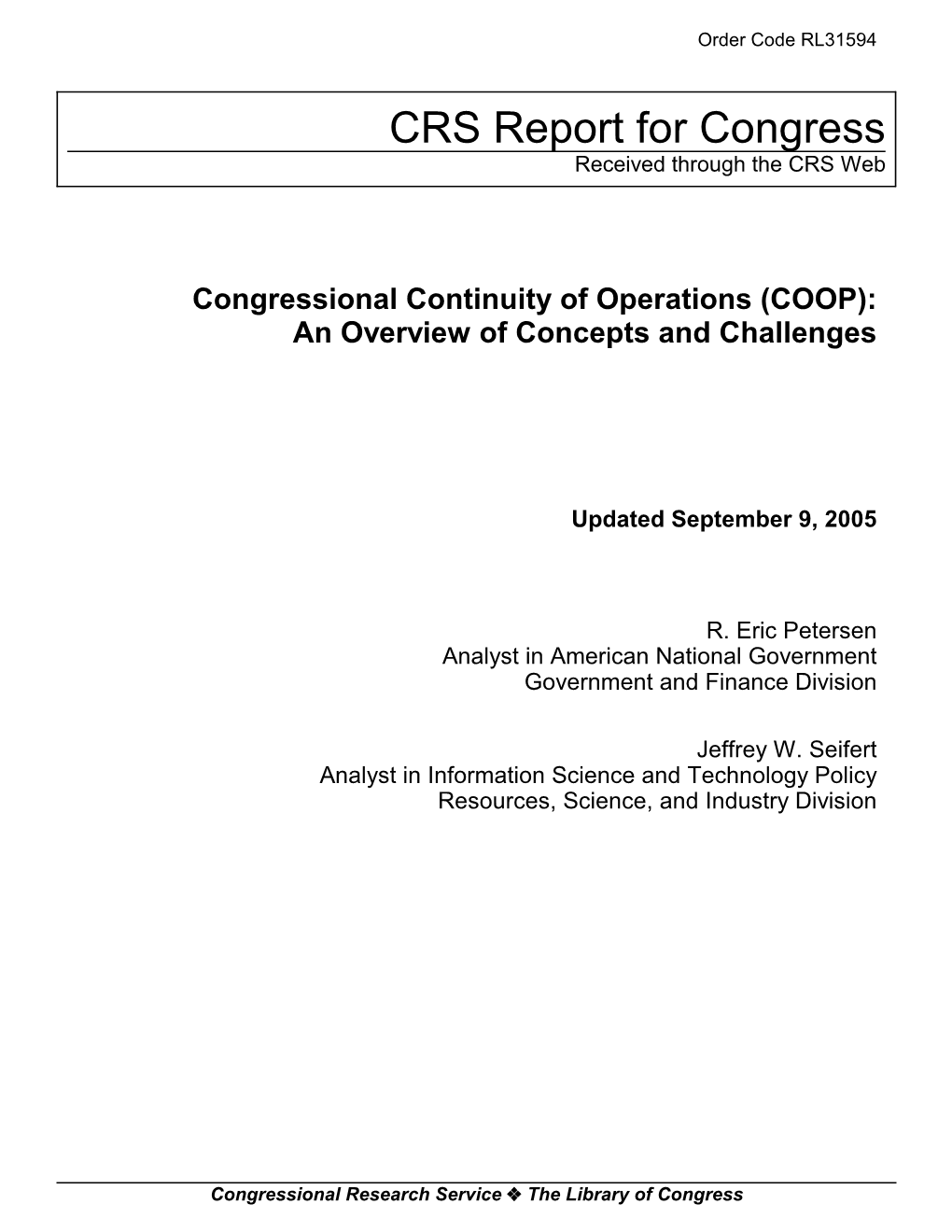 Congressional Continuity of Operations (COOP): an Overview of Concepts and Challenges