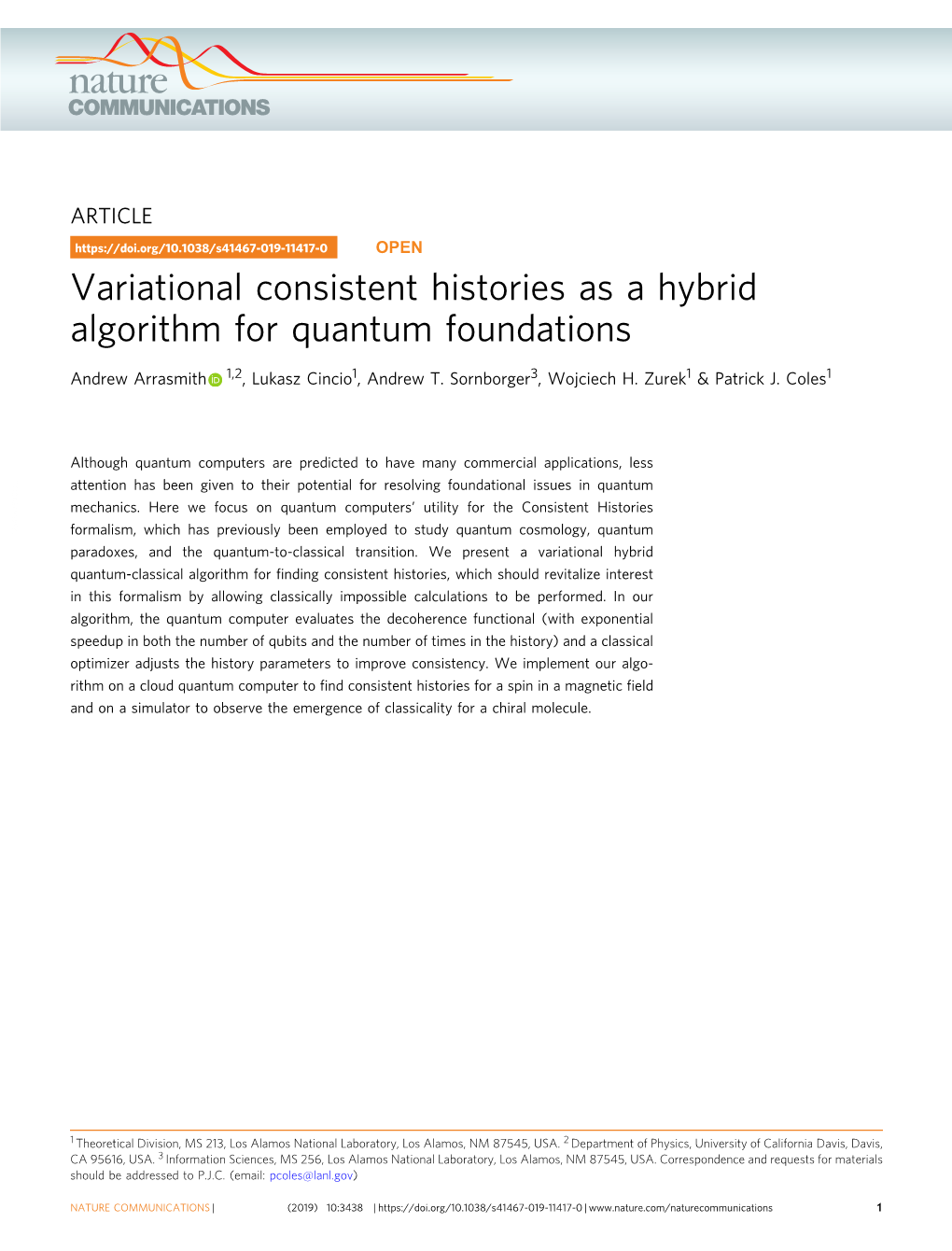 Variational Consistent Histories As a Hybrid Algorithm for Quantum Foundations