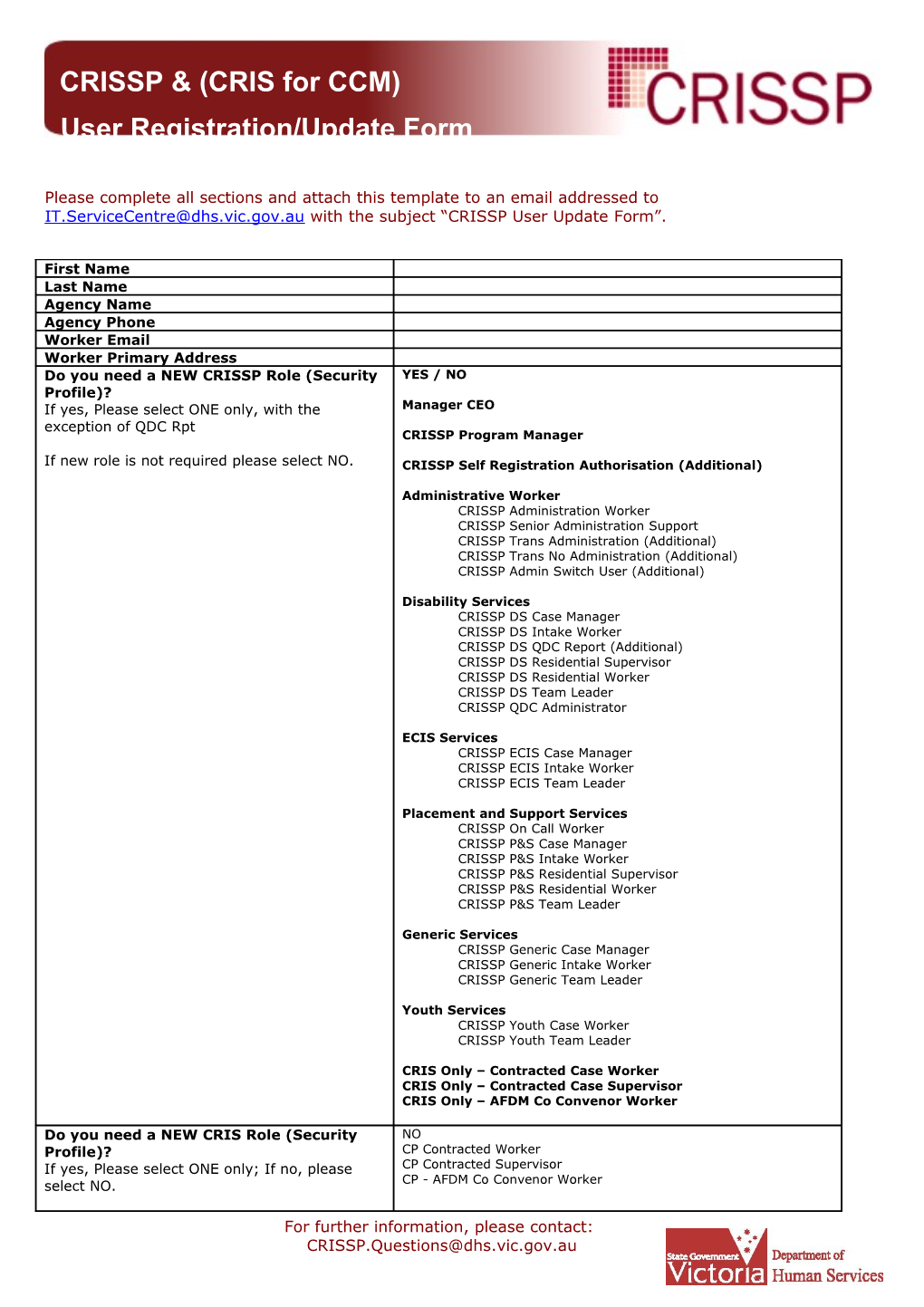 CRISSP User Registration and Update Form